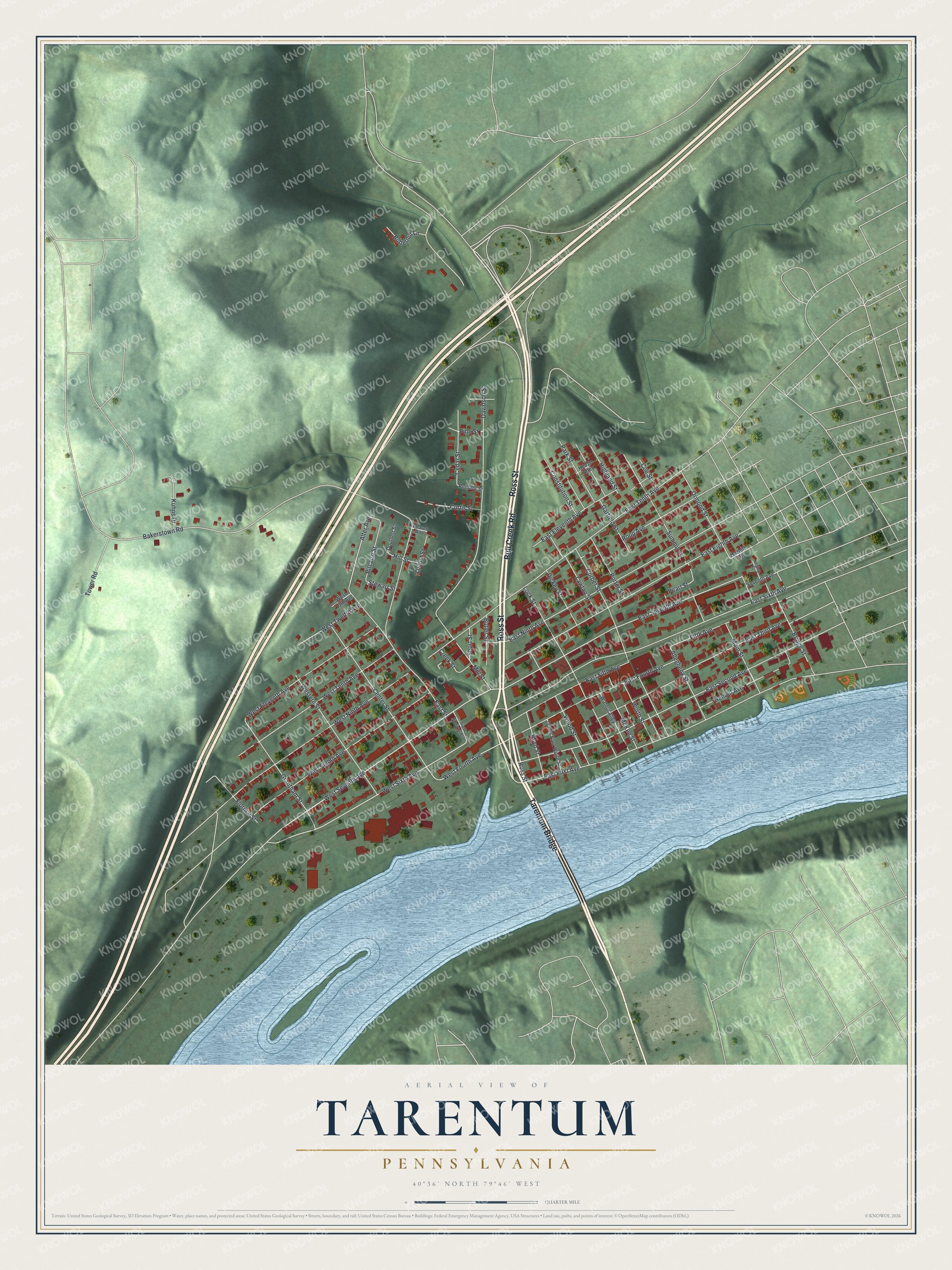Full map of Tarentum, Pennsylvania, with red buildings, printed street names and the land around them