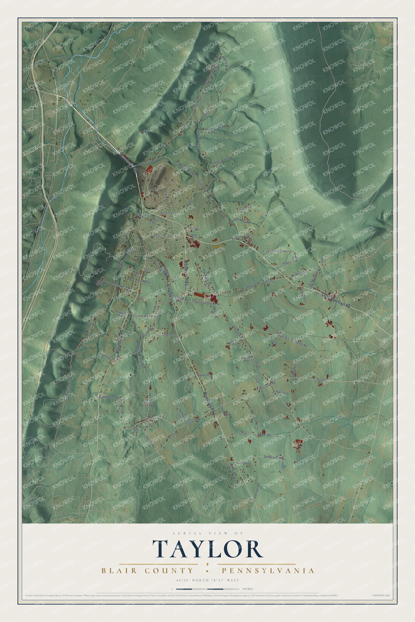 Full map of Taylor, Blair County, Pennsylvania, with red buildings, printed street names and the land around them