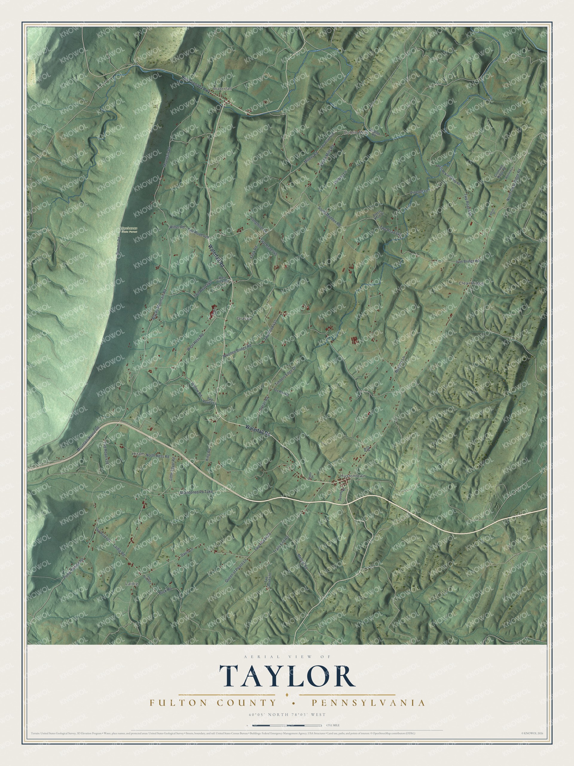 Full map of Taylor, Fulton County, Pennsylvania, with red buildings, printed street names and the land around them