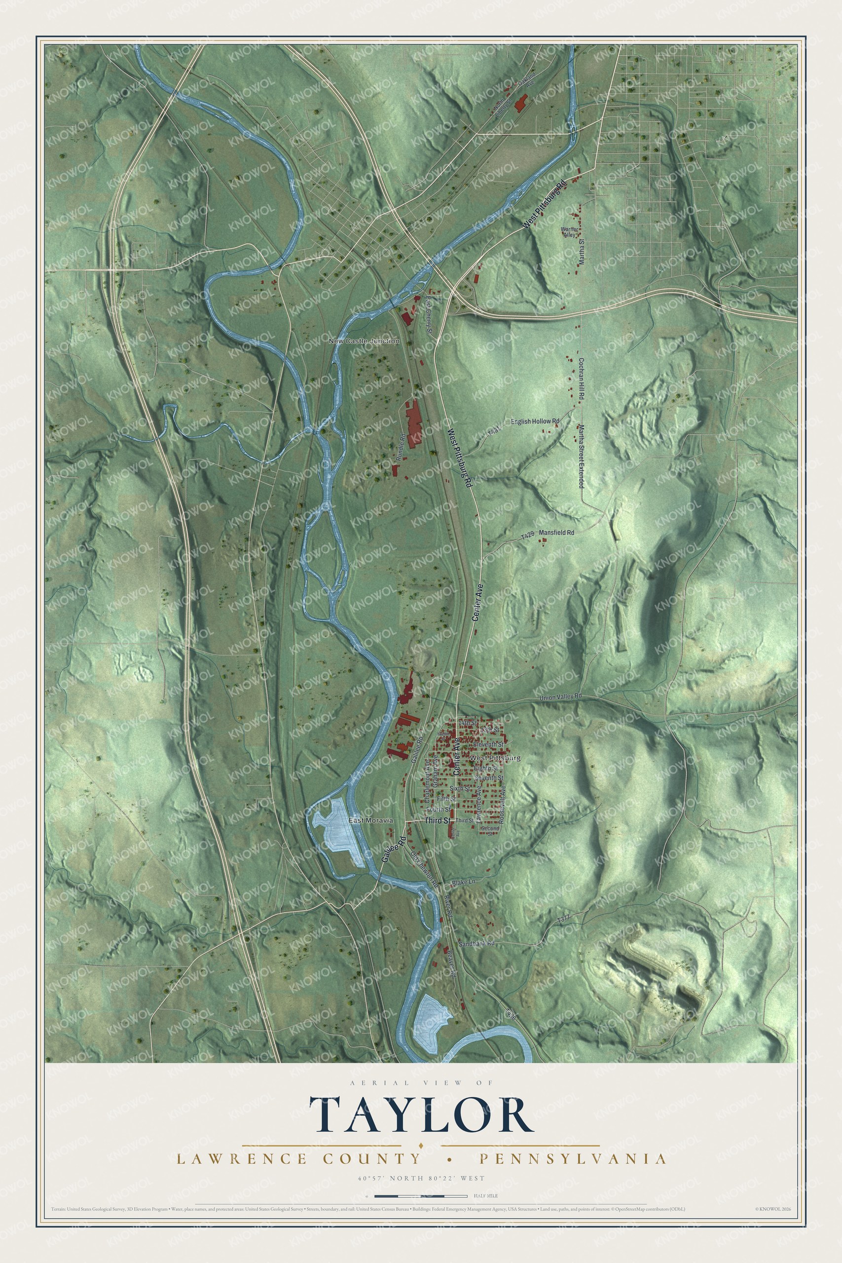 Full map of Taylor, Lawrence County, Pennsylvania, with red buildings, printed street names and the land around them