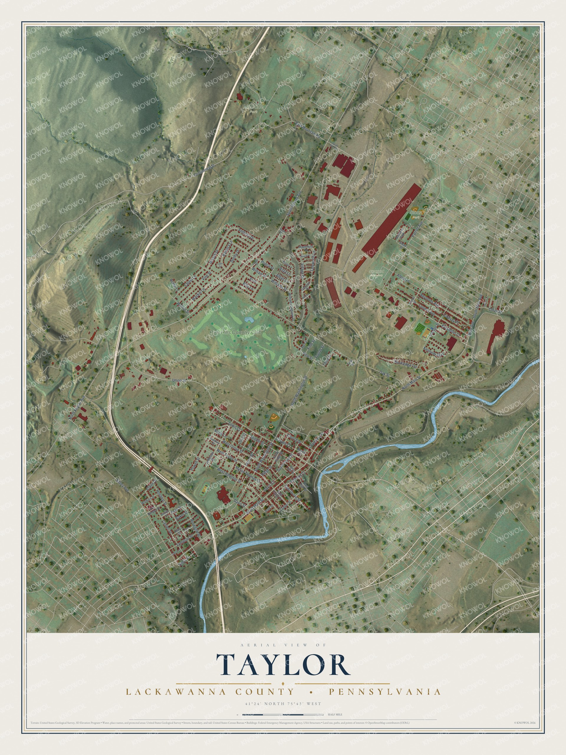 Full map of Taylor, Lackawanna County, Pennsylvania, with red buildings, printed street names and the land around them