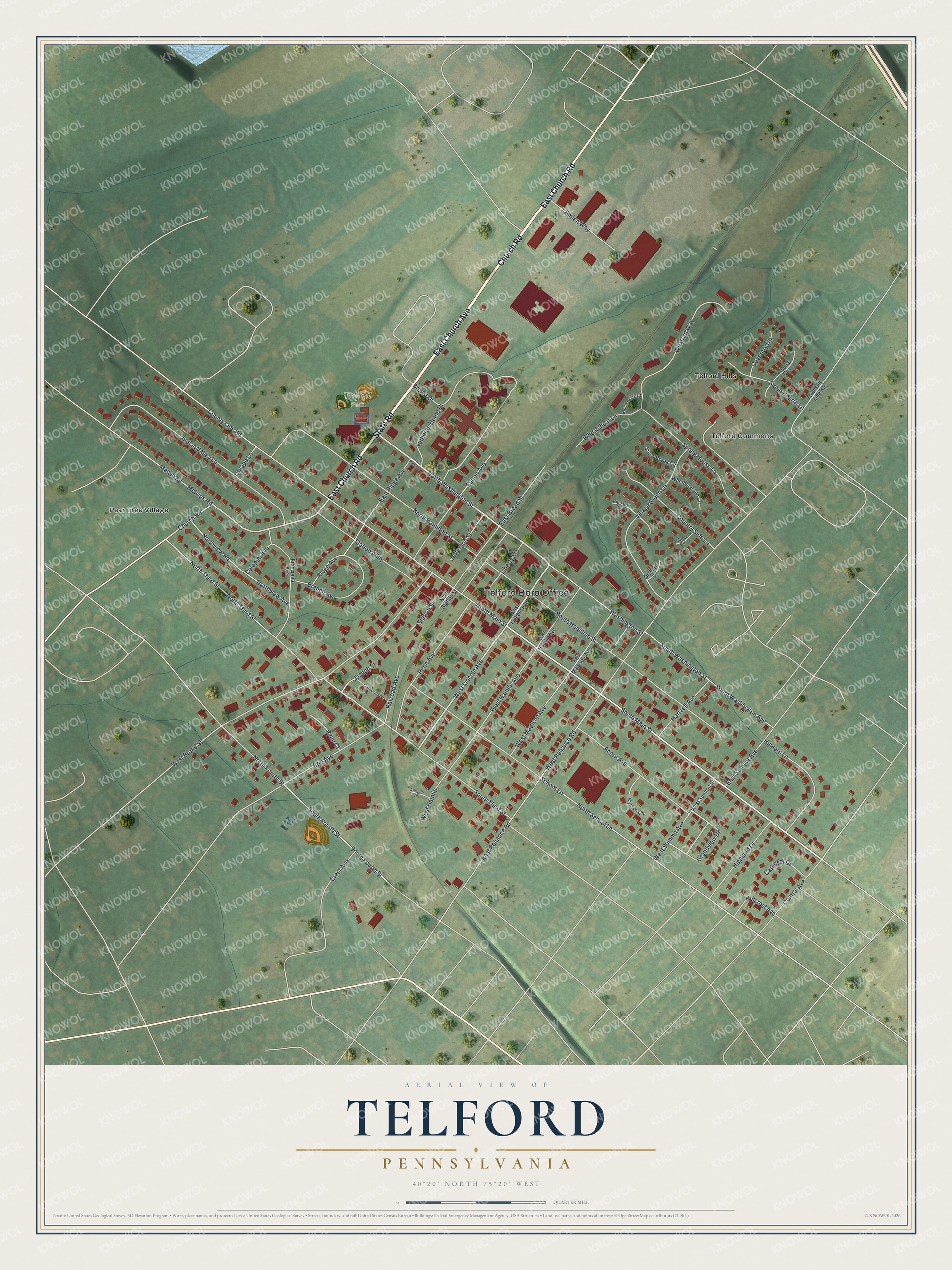 Full map of Telford, Pennsylvania, with red buildings, printed street names and the land around them