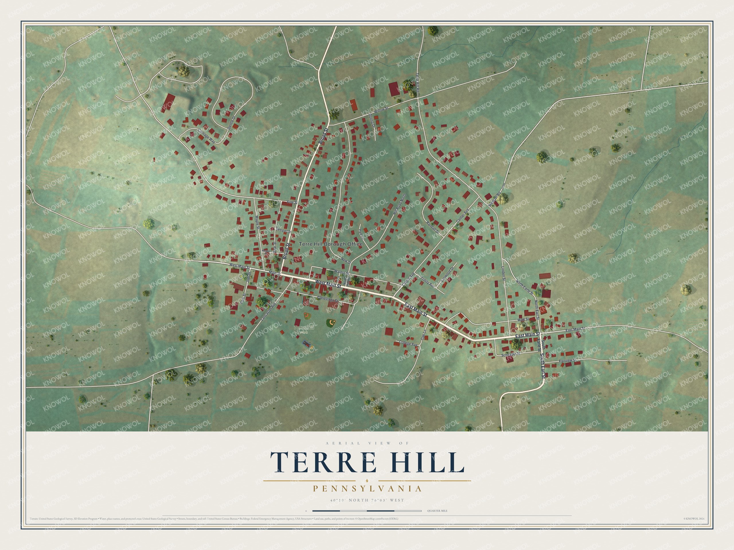 Full map of Terre Hill, Pennsylvania, with red buildings, printed street names and the land around them