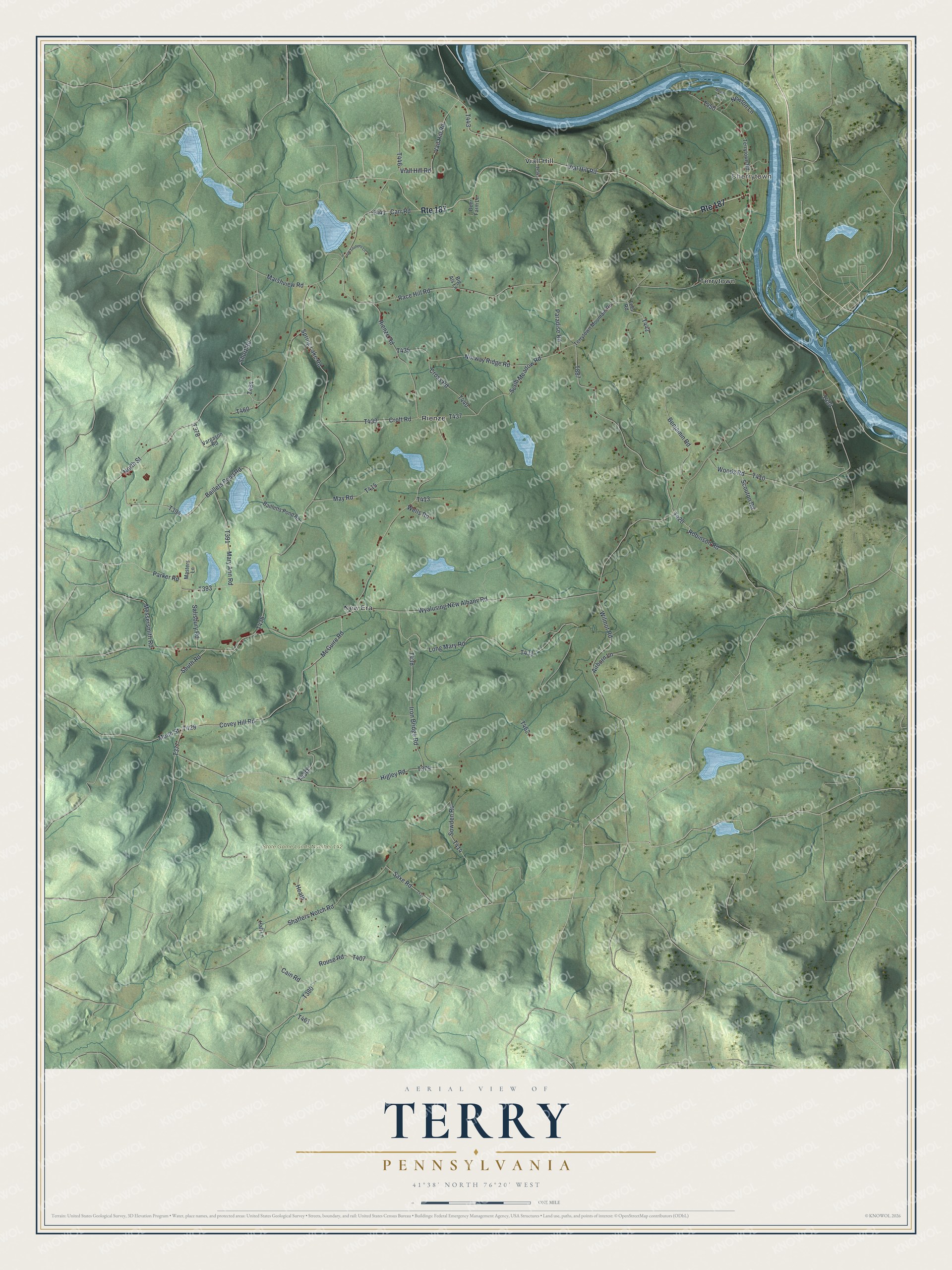 Full map of Terry, Pennsylvania, with red buildings, printed street names and the land around them