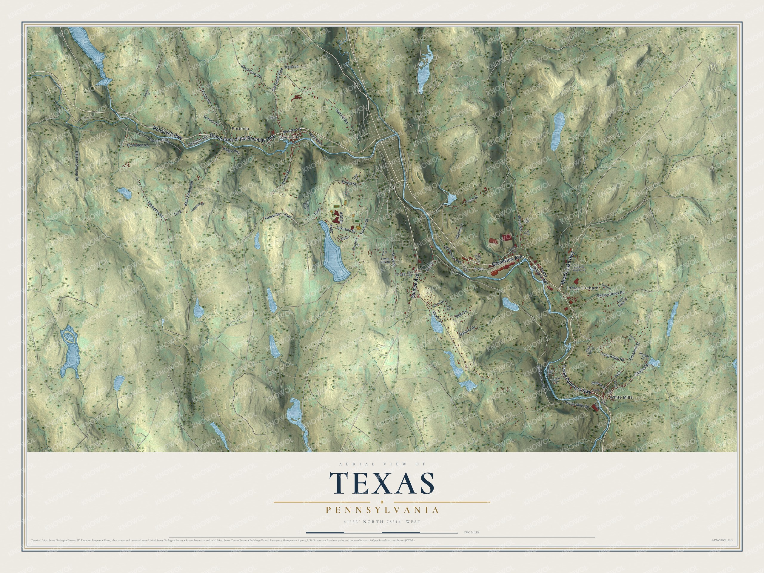Full map of Texas, Pennsylvania, with red buildings, printed street names and the land around them
