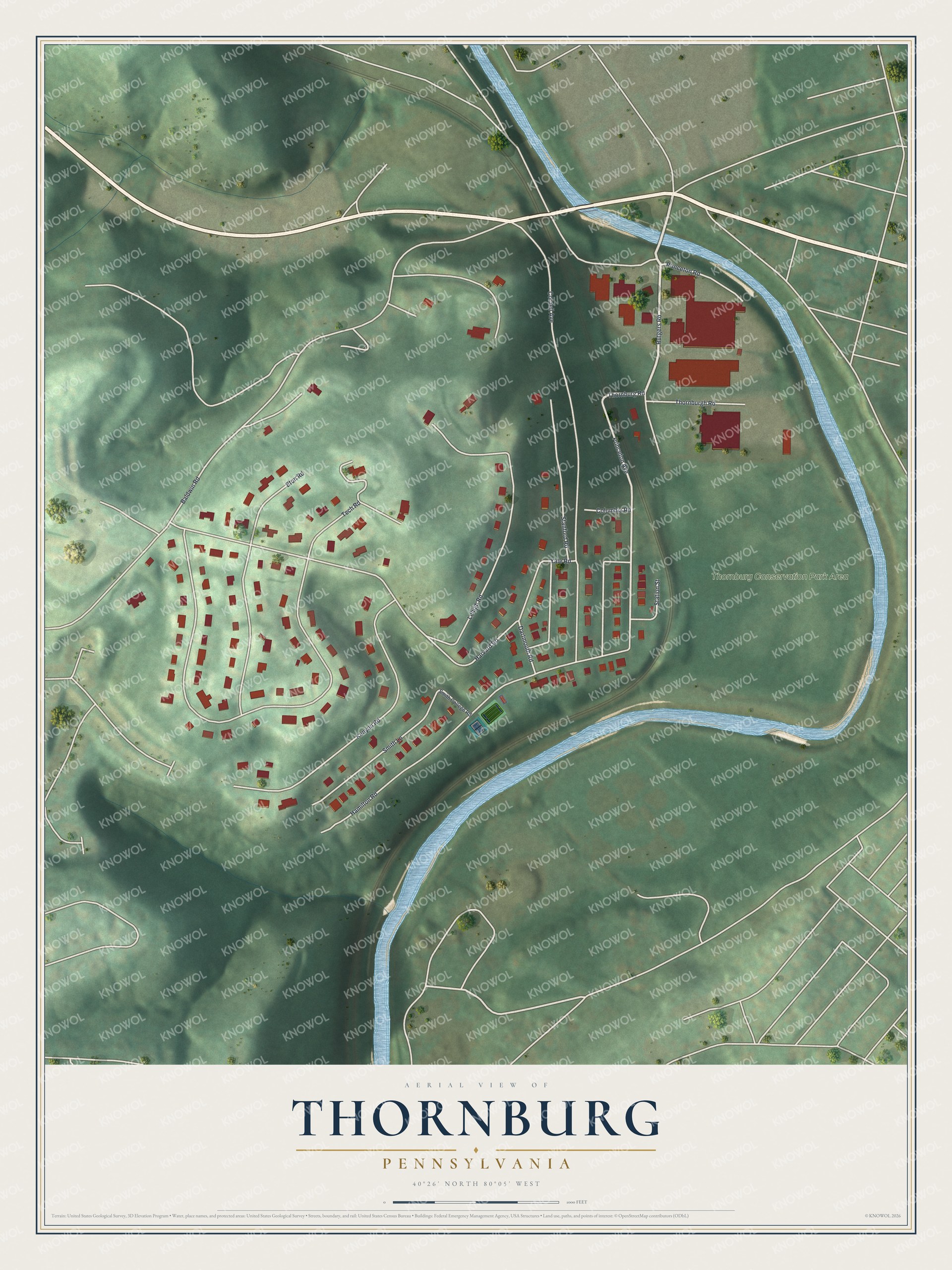 Full map of Thornburg, Pennsylvania, with red buildings, printed street names and the land around them