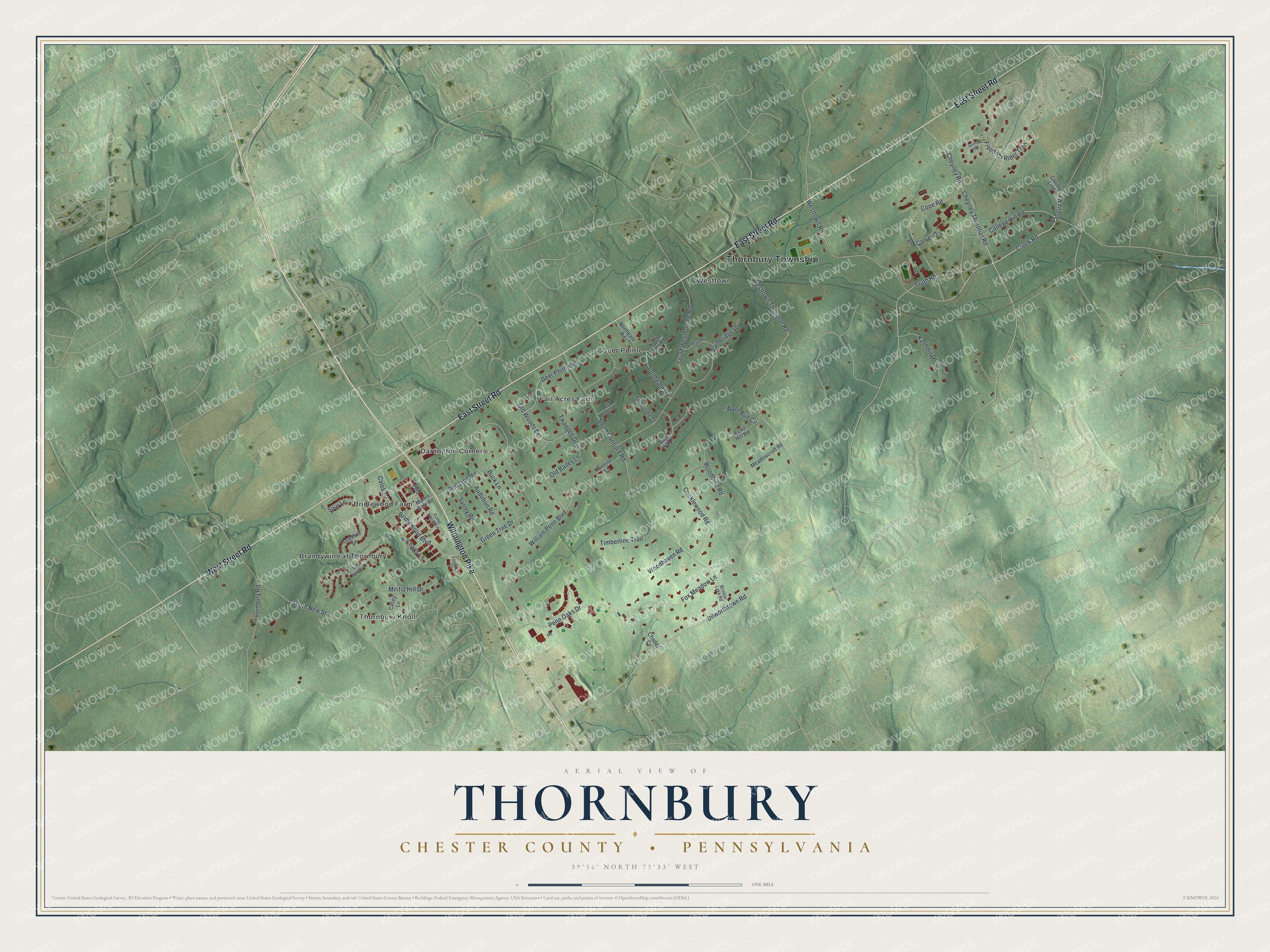 Full map of Thornbury, Chester County, Pennsylvania, with red buildings, printed street names and the land around them