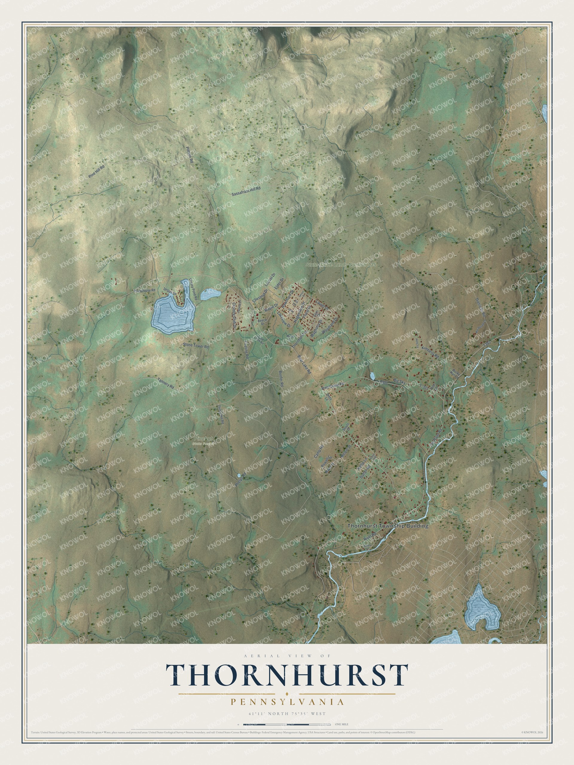 Full map of Thornhurst, Pennsylvania, with red buildings, printed street names and the land around them
