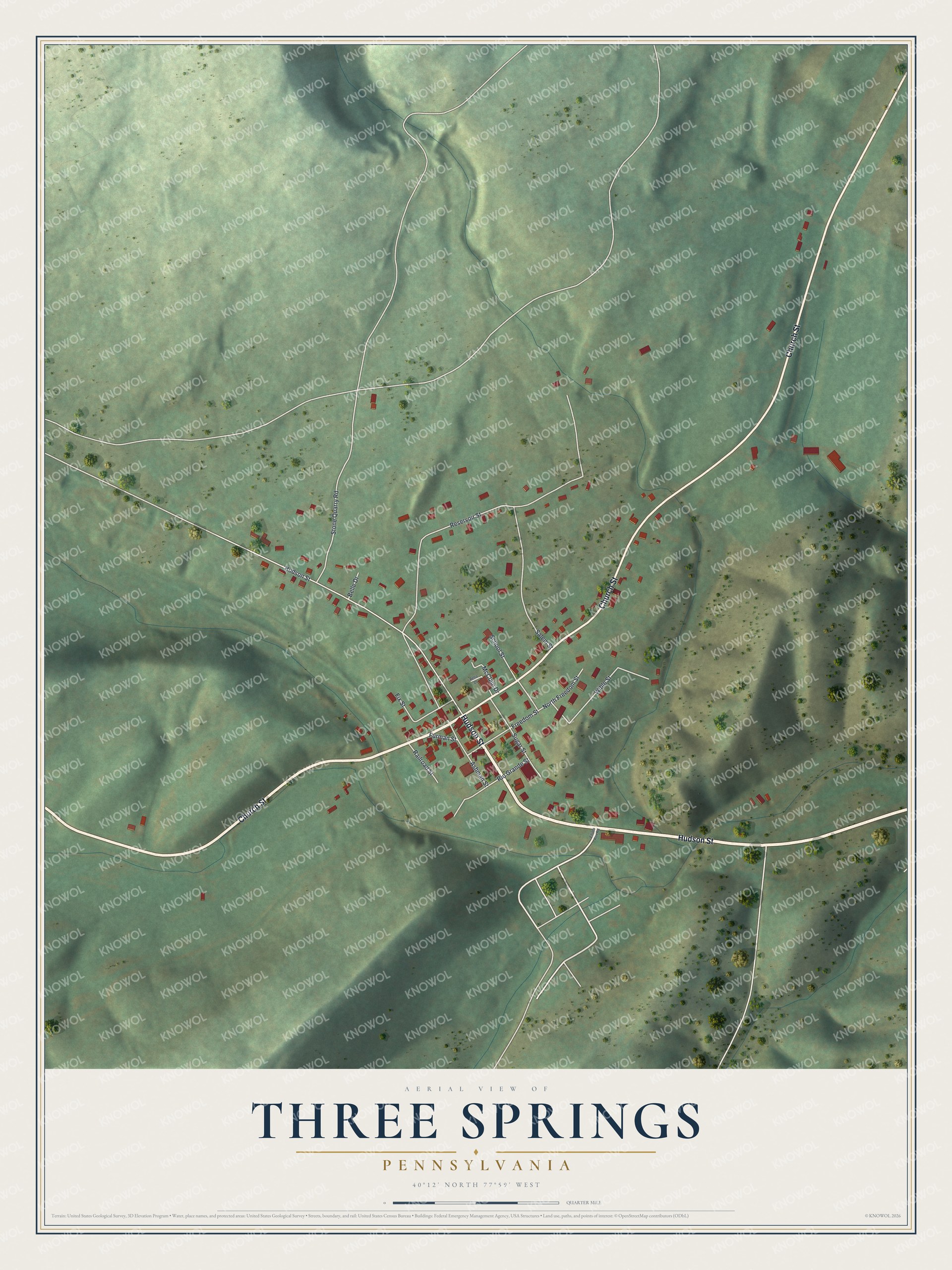 Full map of Three Springs, Pennsylvania, with red buildings, printed street names and the land around them