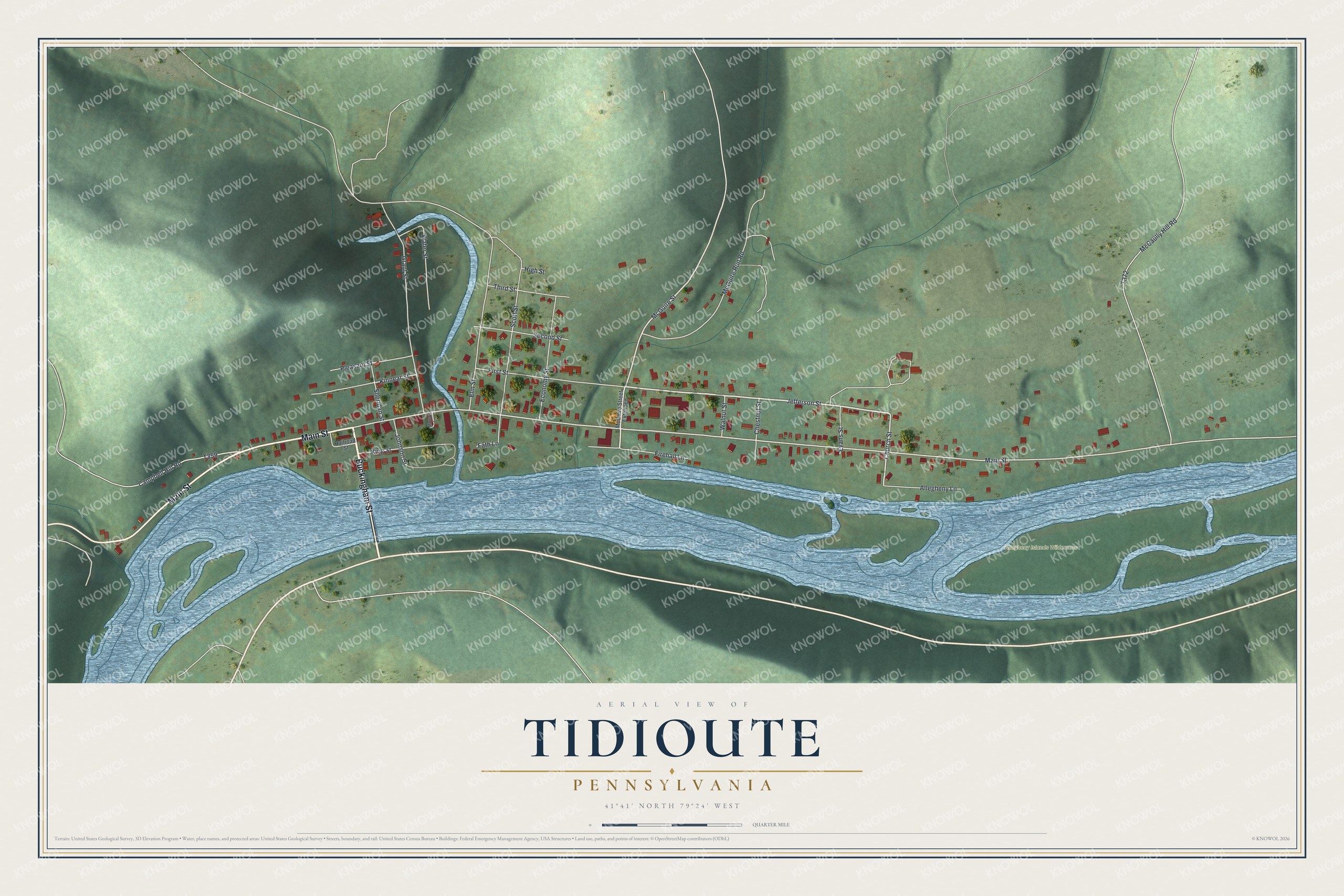 Full map of Tidioute, Pennsylvania, with red buildings, printed street names and the land around them