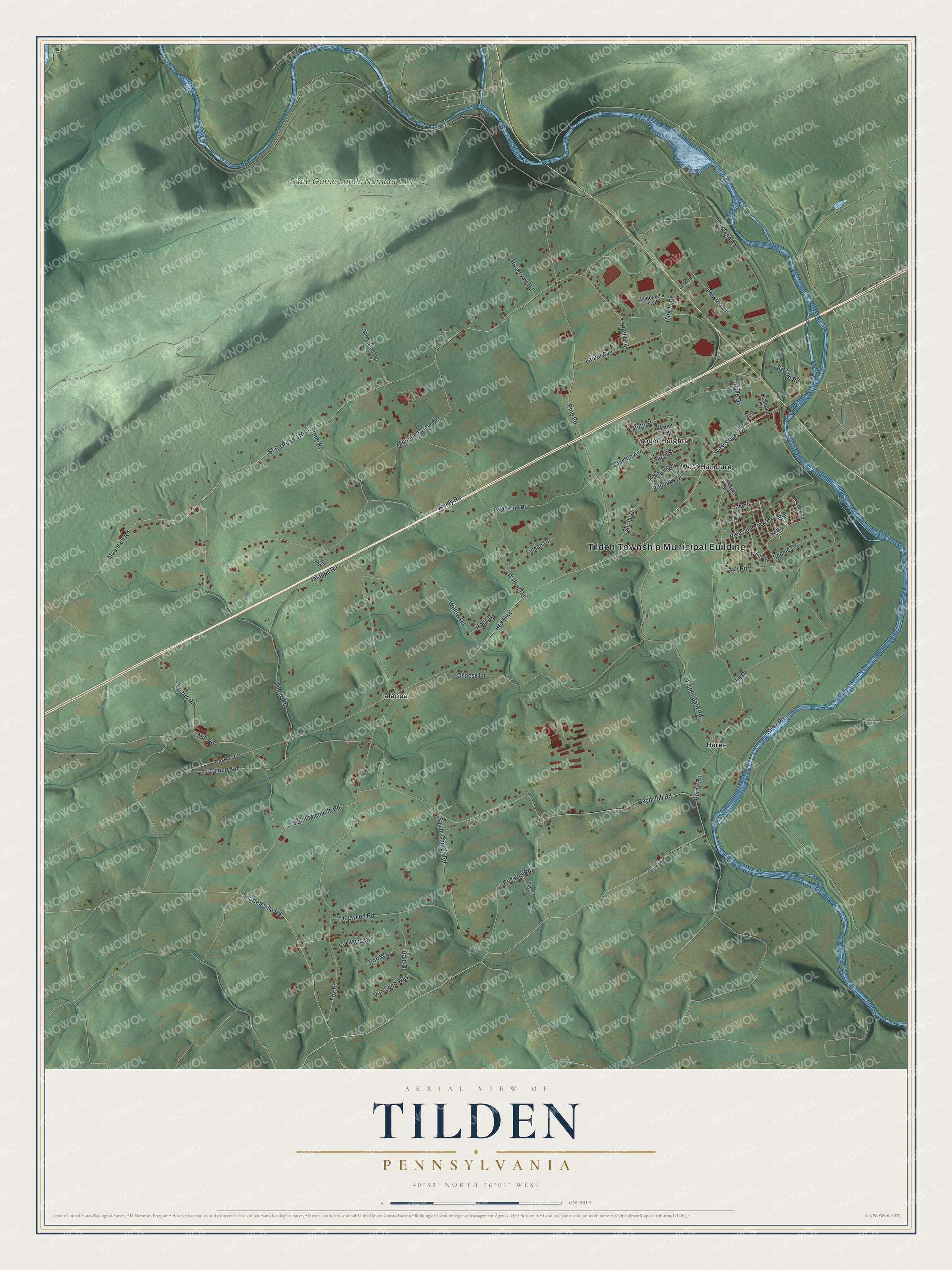 Full map of Tilden, Pennsylvania, with red buildings, printed street names and the land around them