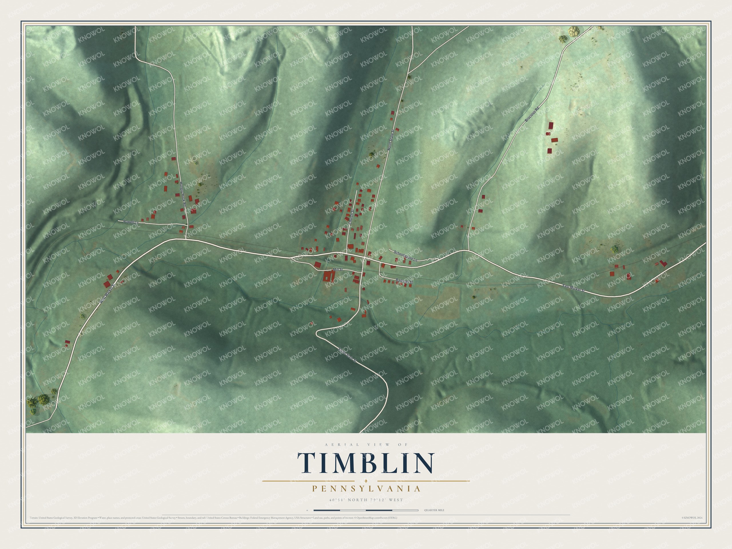 Full map of Timblin, Pennsylvania, with red buildings, printed street names and the land around them