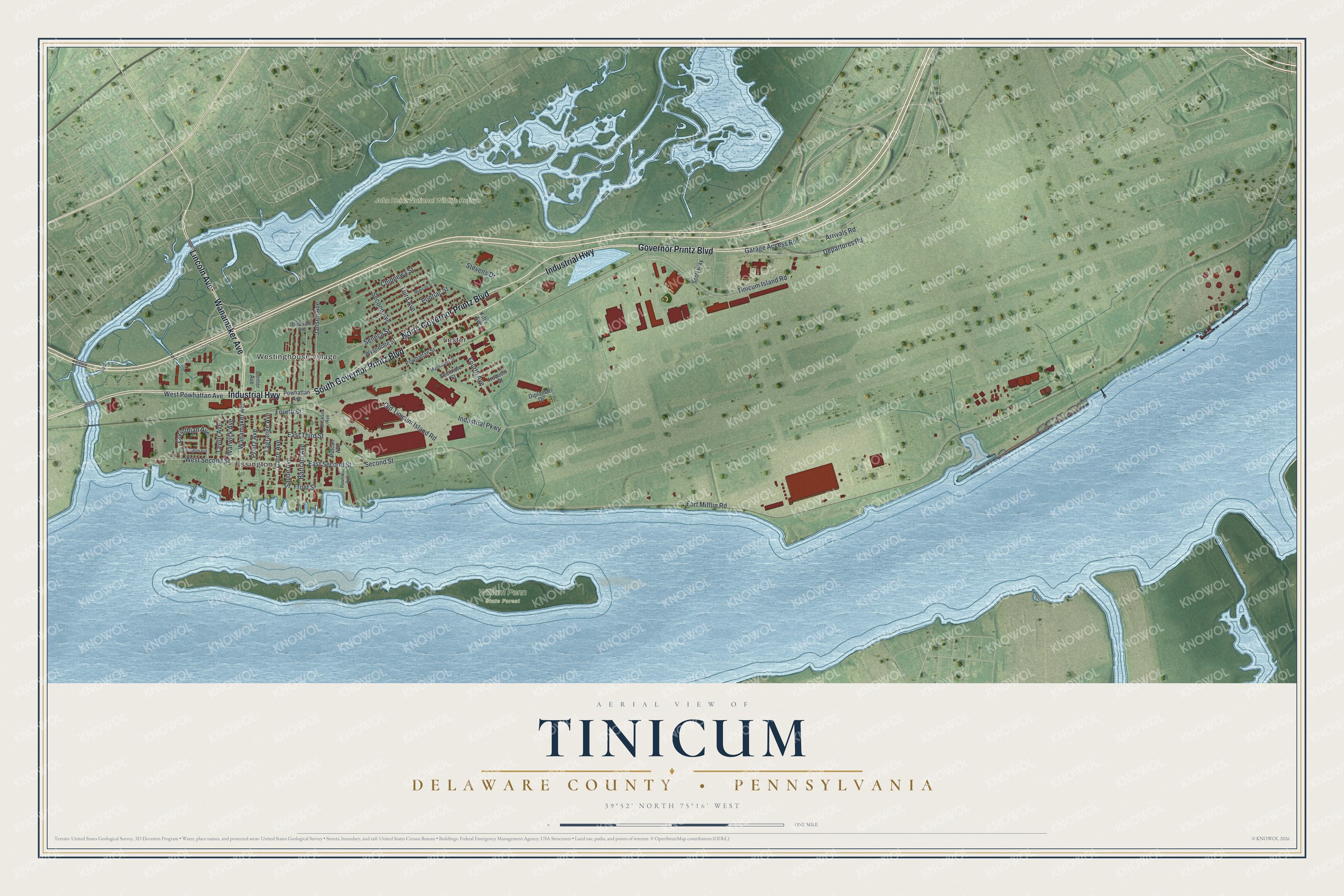 Full map of Tinicum, Delaware County, Pennsylvania, with red buildings, printed street names and the land around them