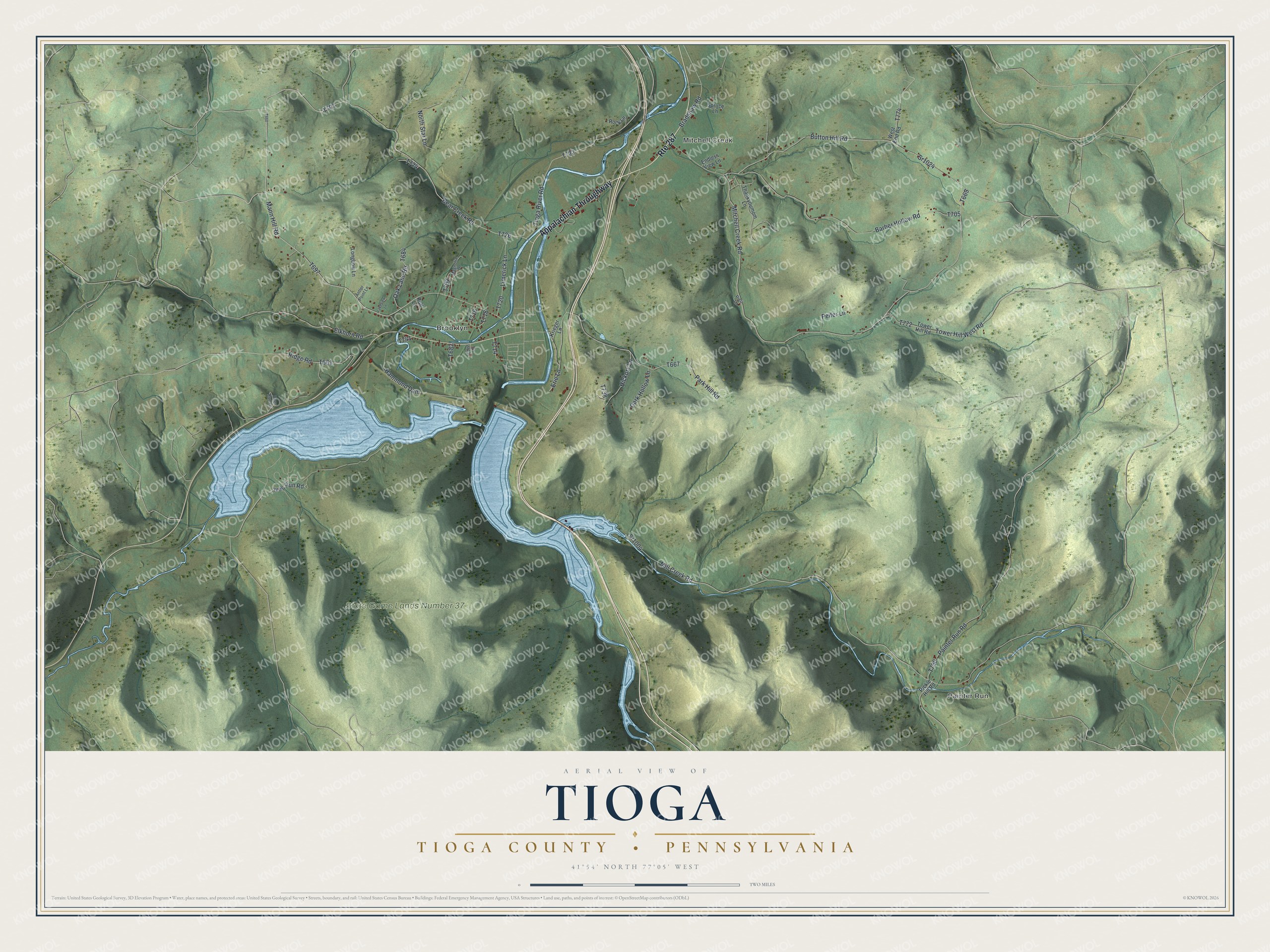 Full map of Tioga Township, Pennsylvania, with red buildings, printed street names and the land around them