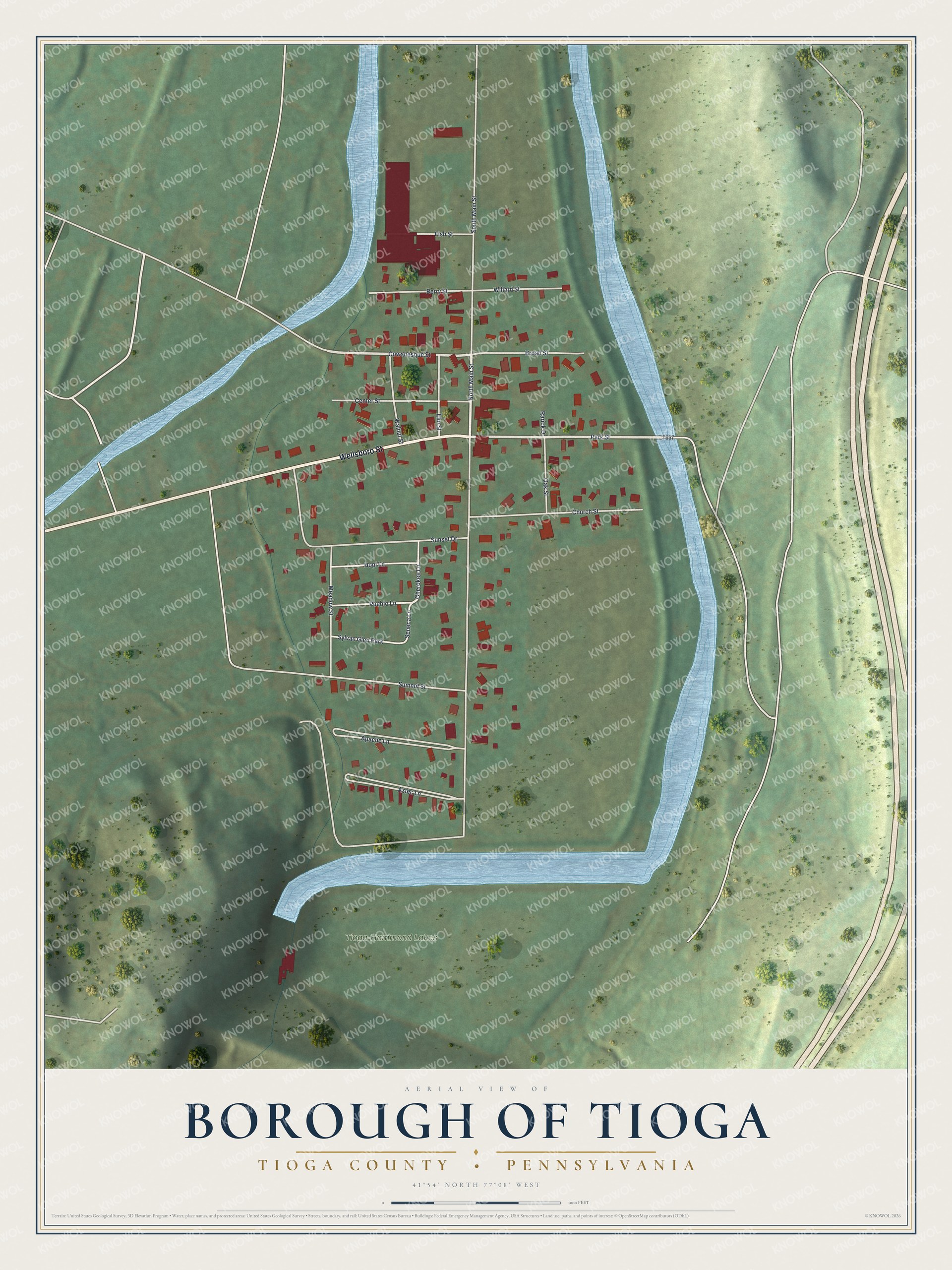 Full map of Tioga Borough, Pennsylvania, with red buildings, printed street names and the land around them