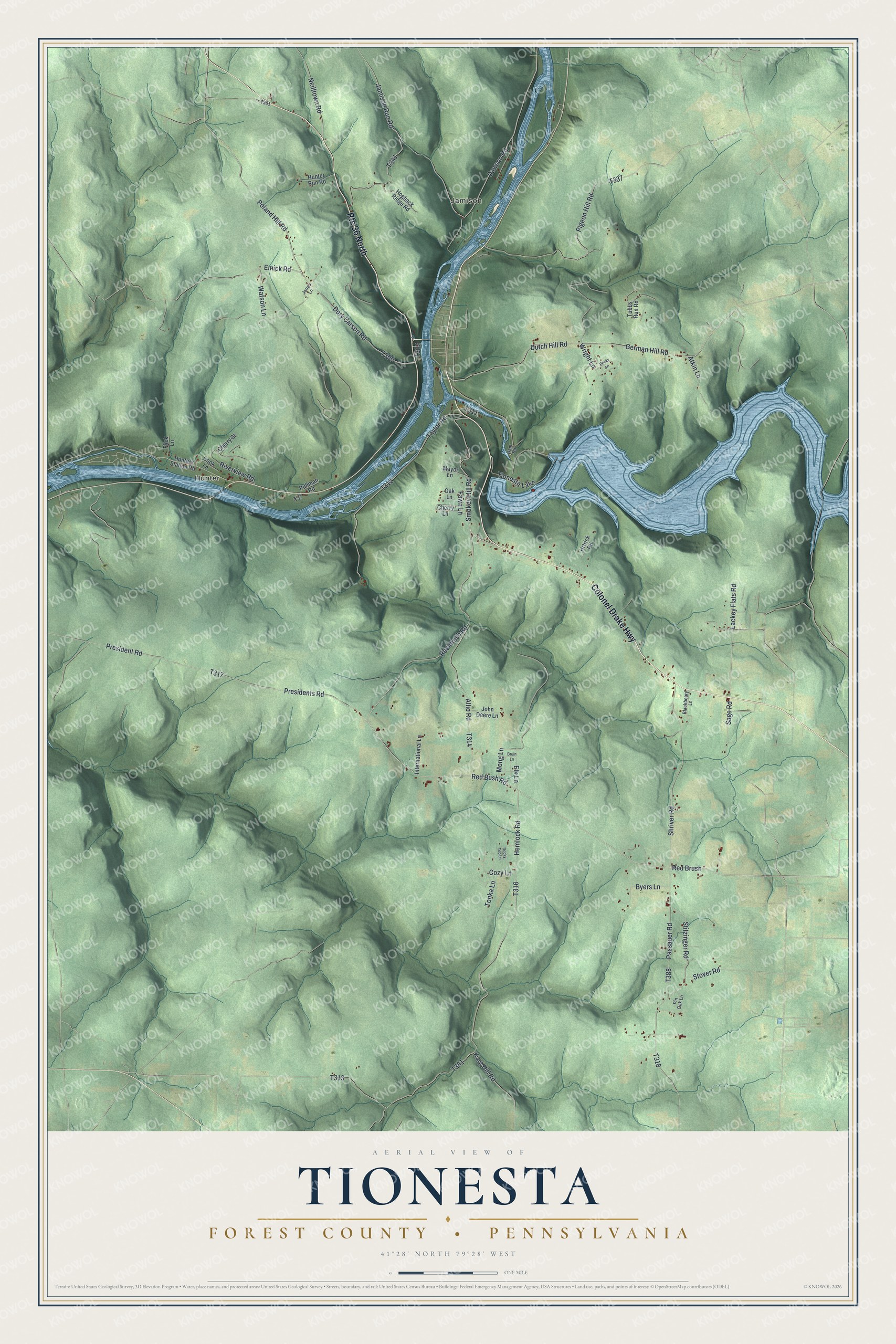 Full map of Tionesta Township, Pennsylvania, with red buildings, printed street names and the land around them