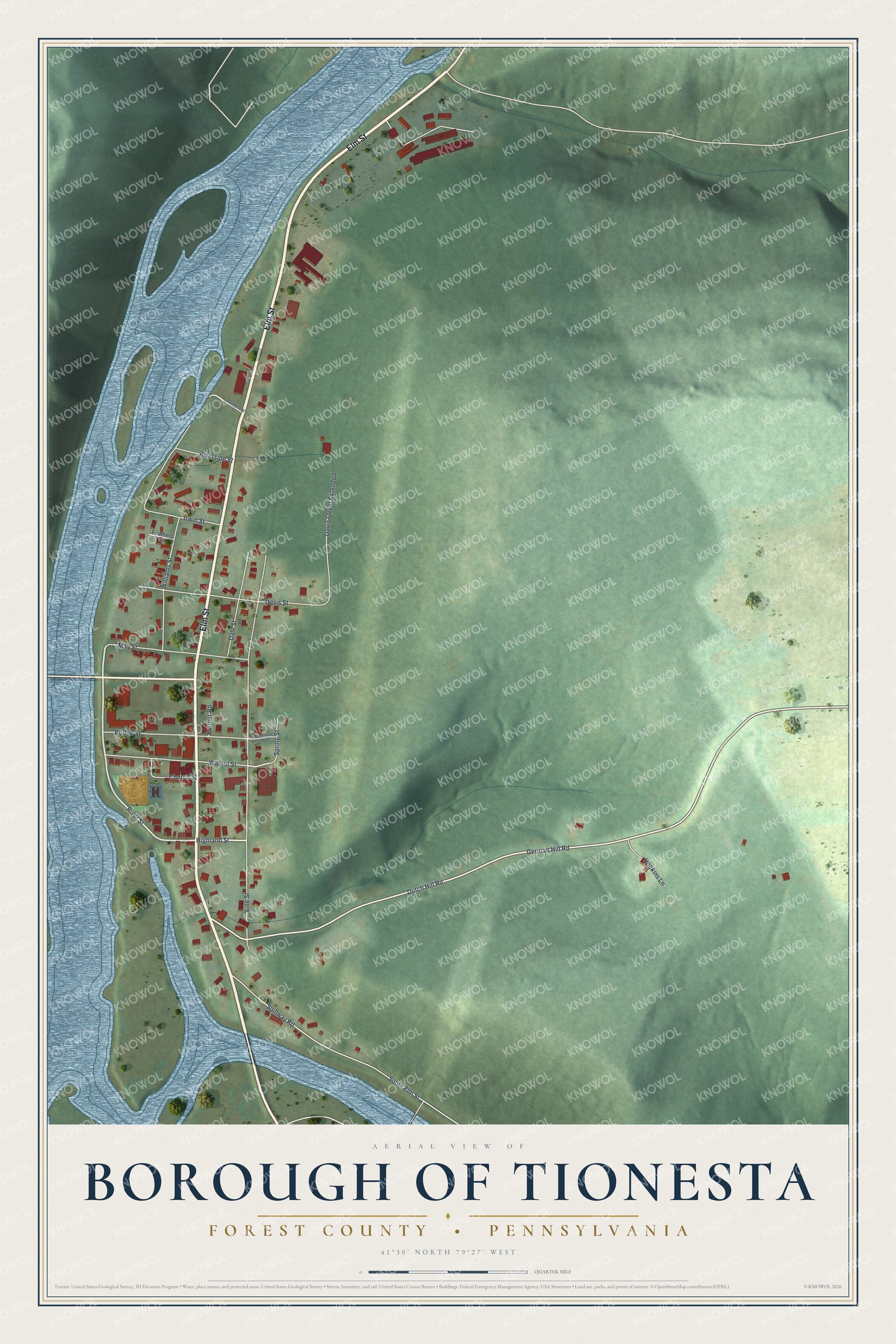 Full map of Tionesta Borough, Pennsylvania, with red buildings, printed street names and the land around them