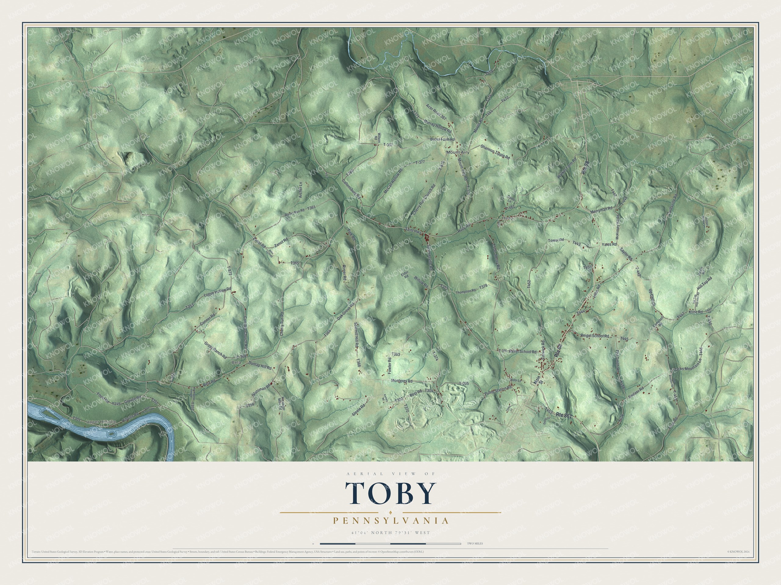 Full map of Toby, Pennsylvania, with red buildings, printed street names and the land around them