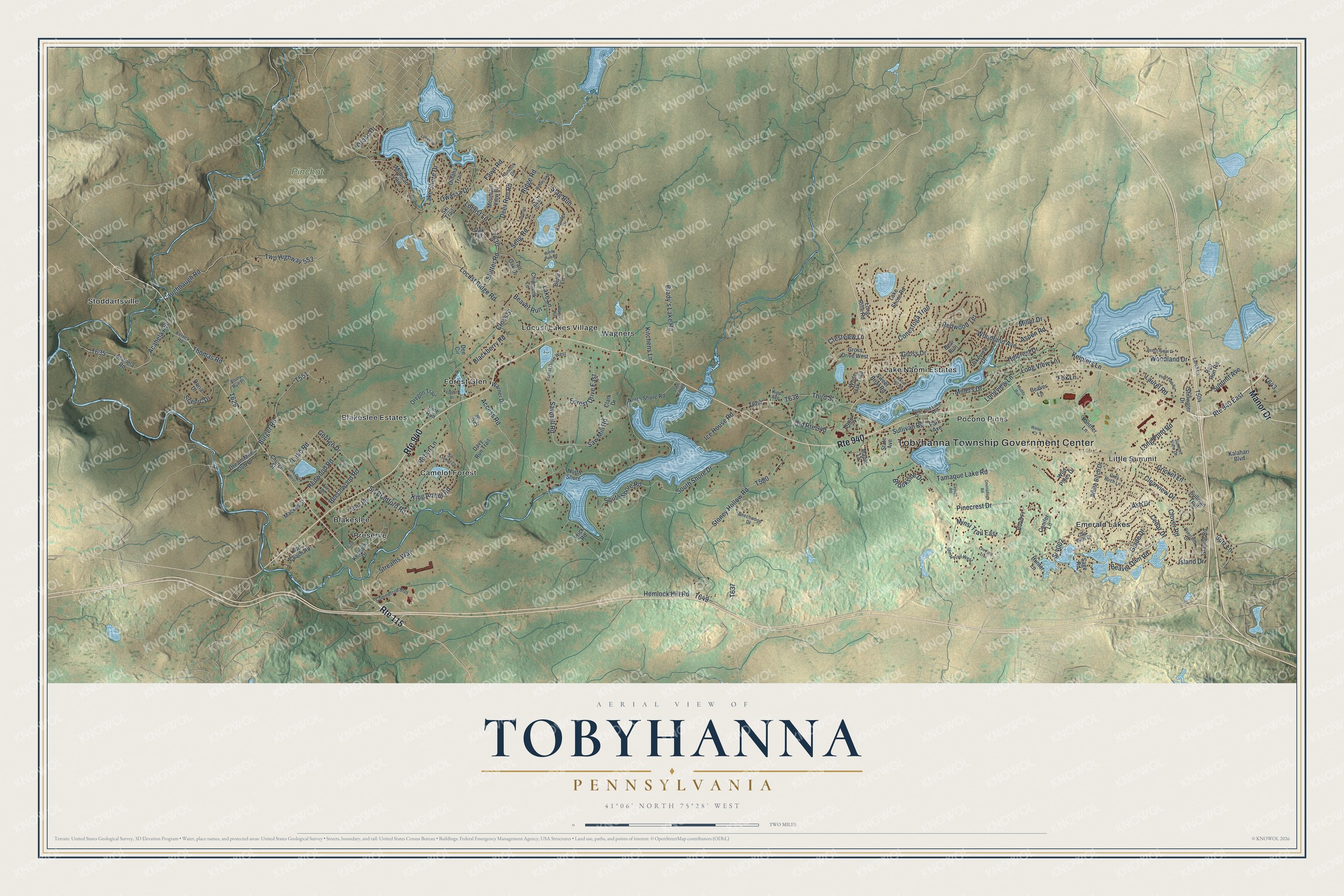 Full map of Tobyhanna, Pennsylvania, with red buildings, printed street names and the land around them