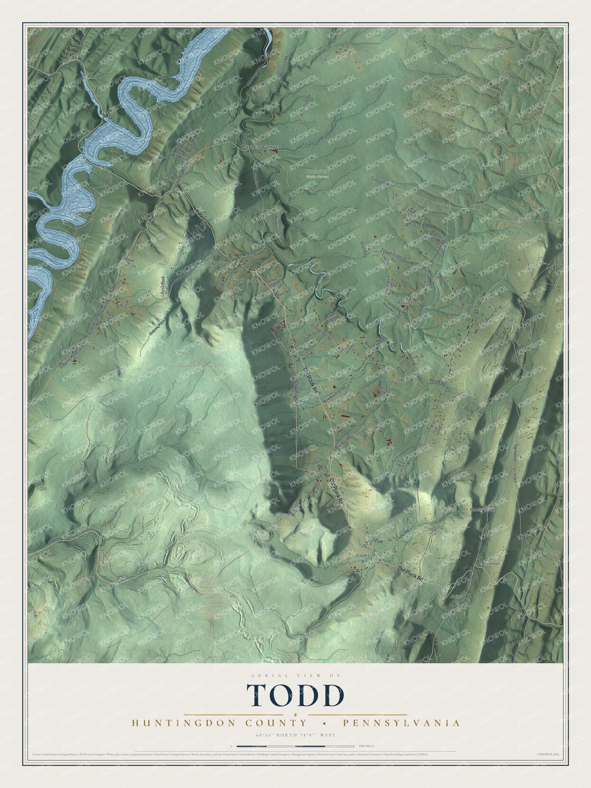 Full map of Todd, Huntingdon County, Pennsylvania, with red buildings, printed street names and the land around them