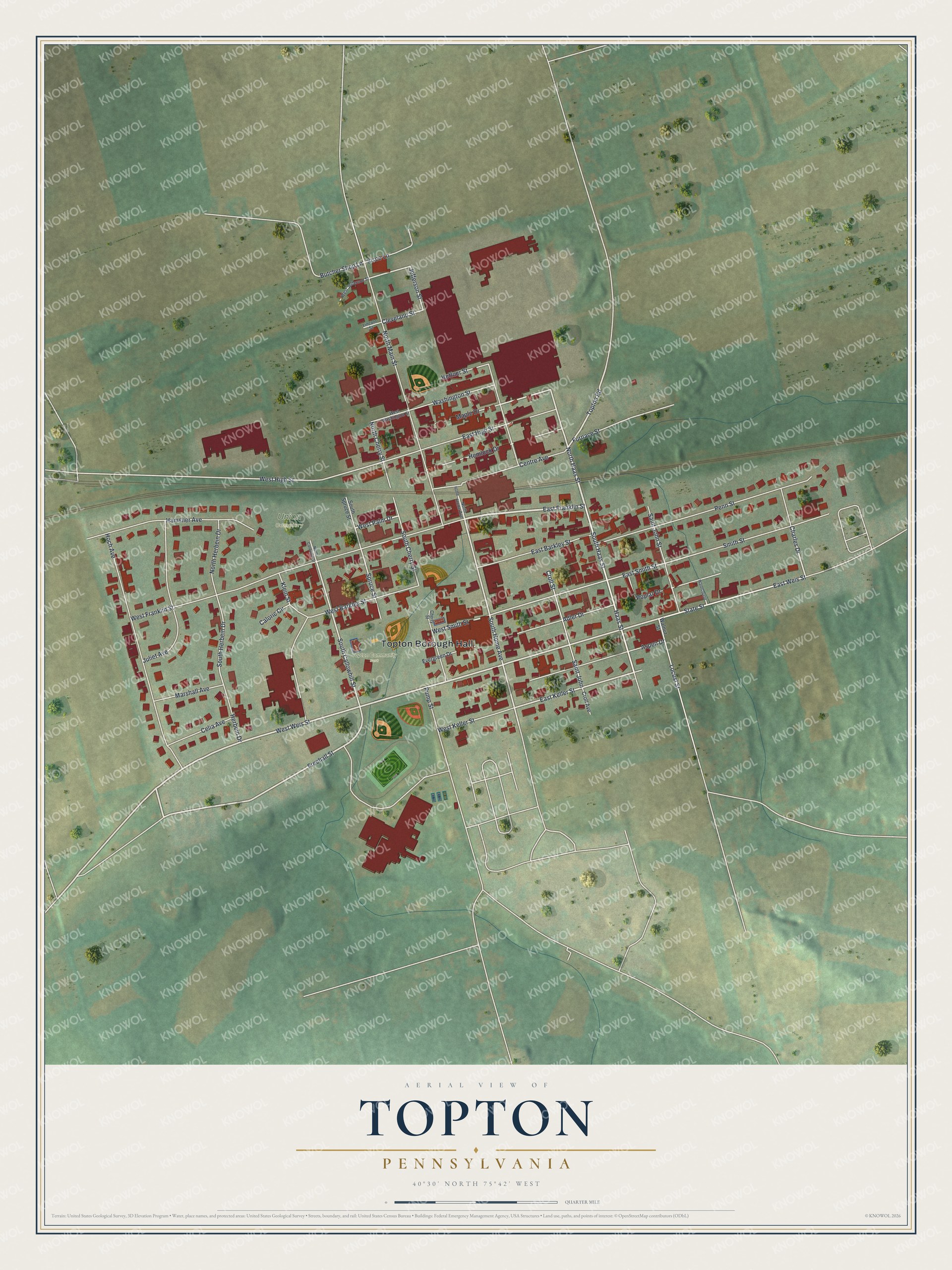 Full map of Topton, Pennsylvania, with red buildings, printed street names and the land around them
