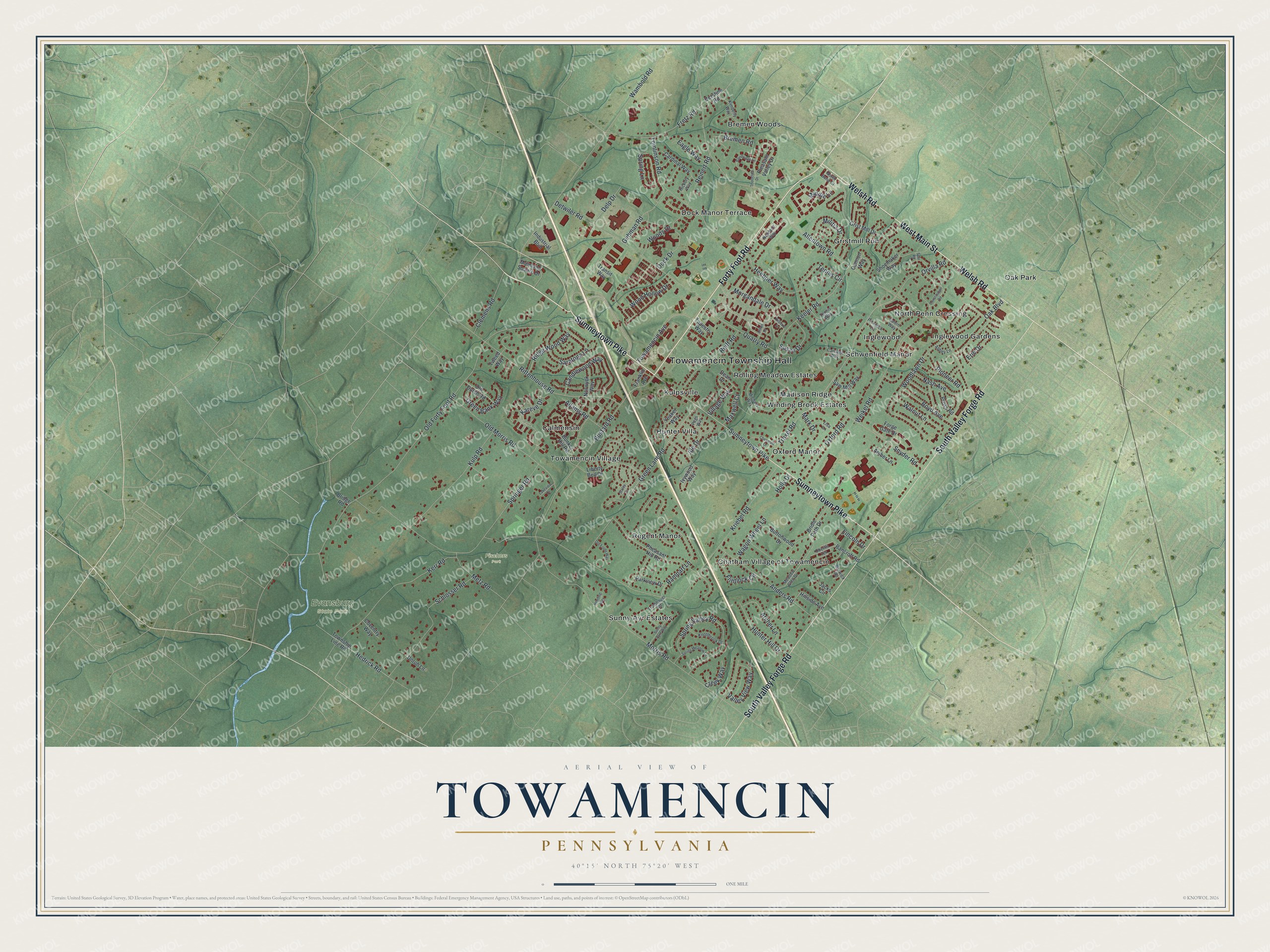 Full map of Towamencin, Pennsylvania, with red buildings, printed street names and the land around them