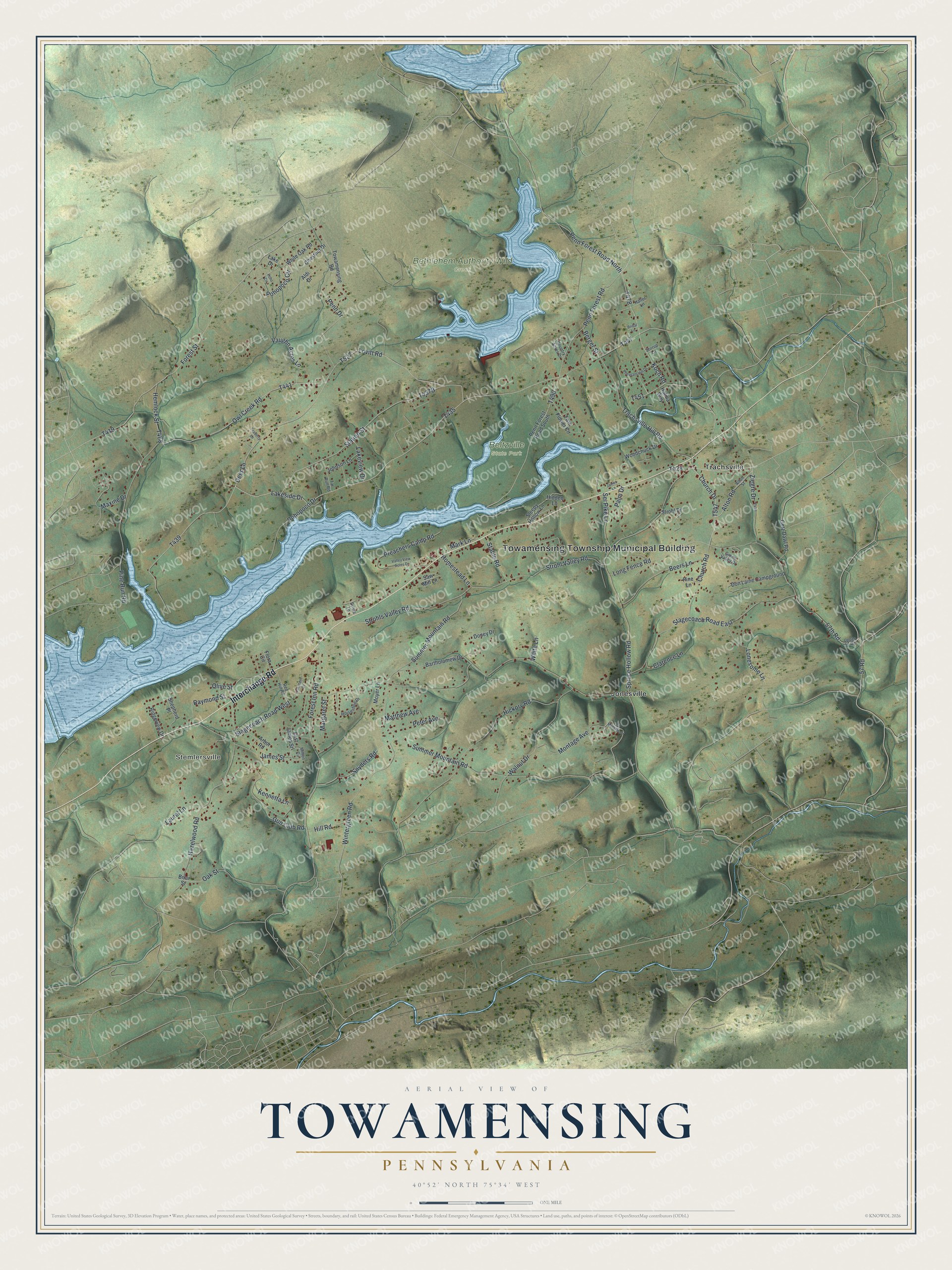 Full map of Towamensing, Pennsylvania, with red buildings, printed street names and the land around them