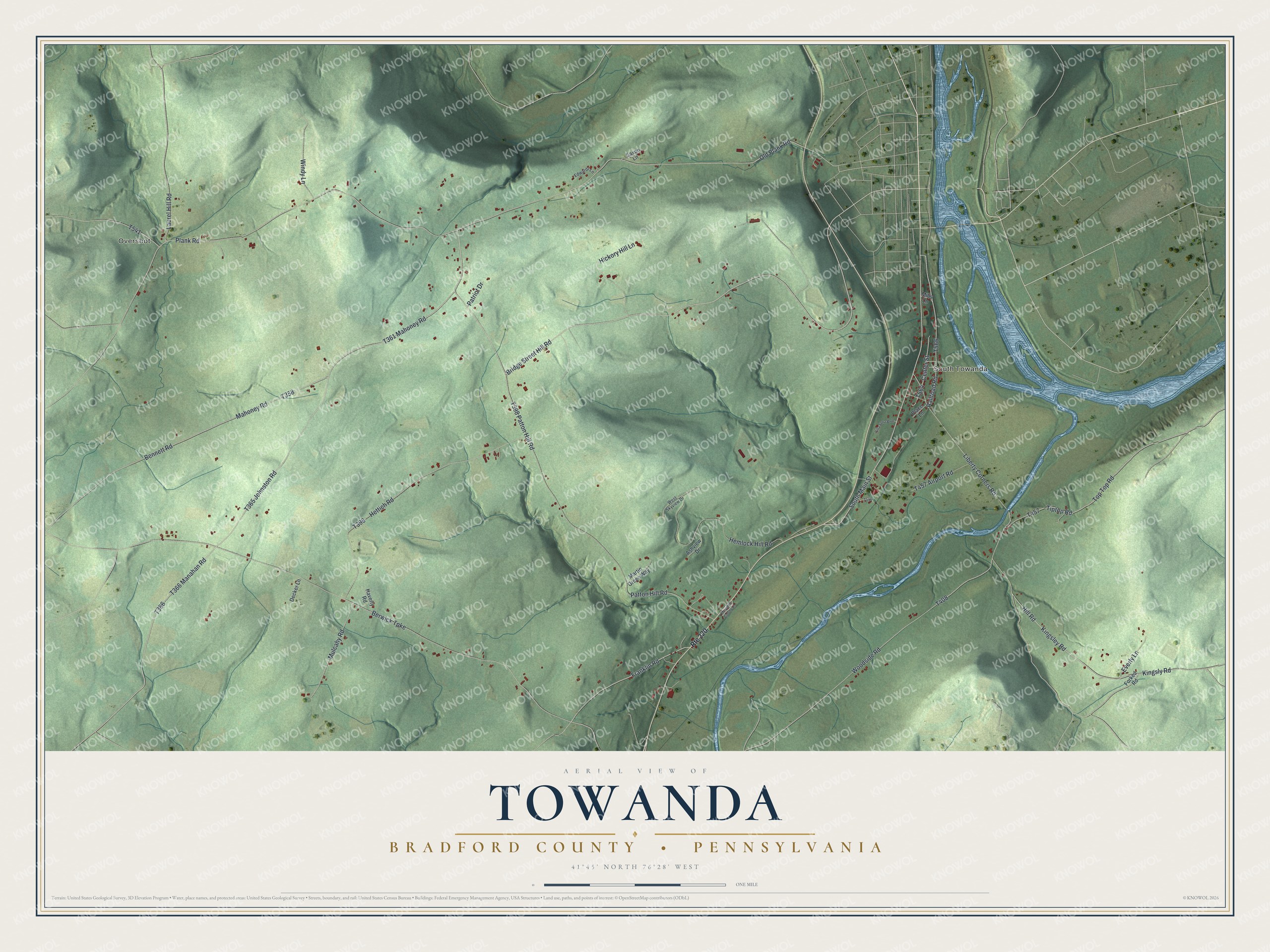 Full map of Towanda Township, Pennsylvania, with red buildings, printed street names and the land around them