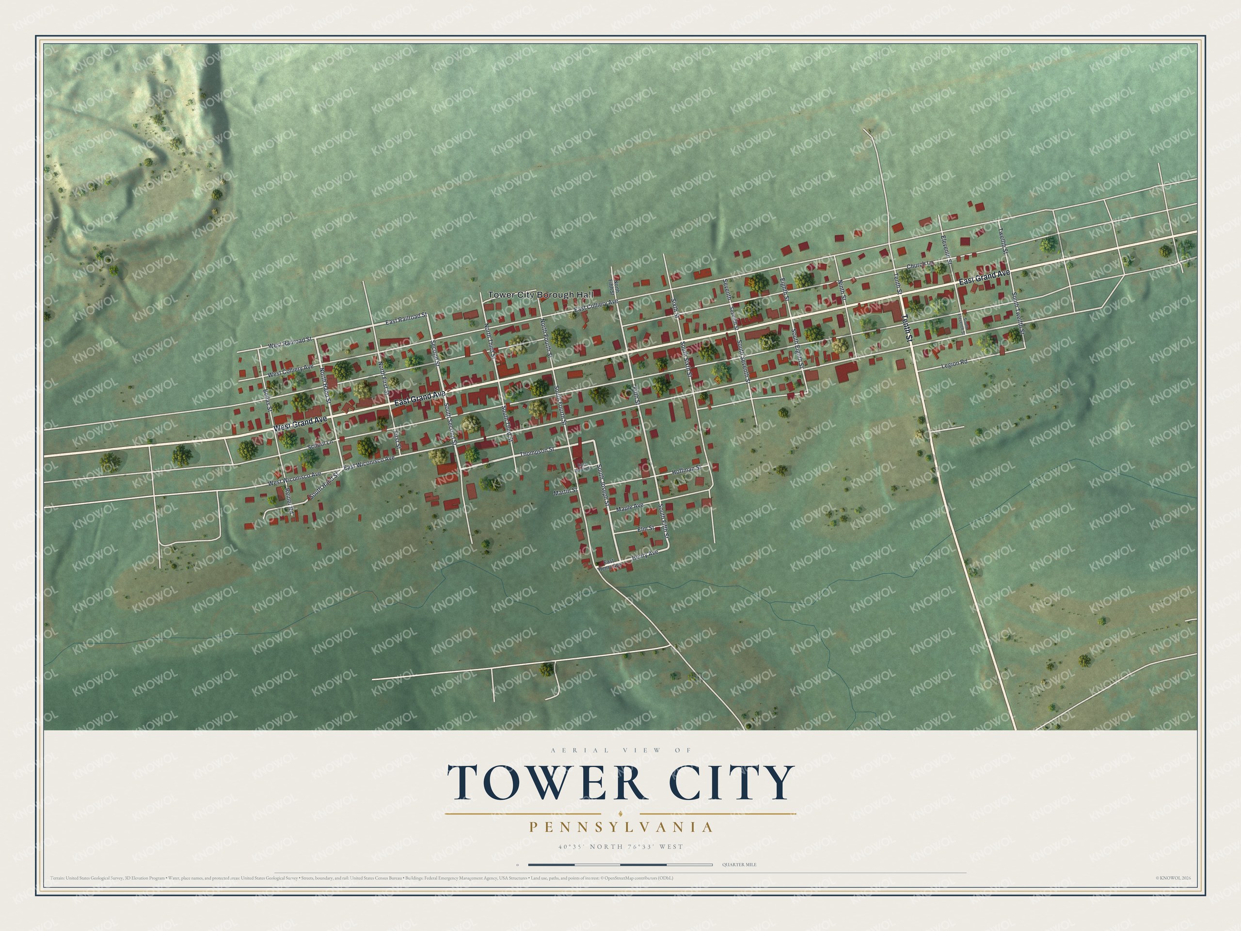 Full map of Tower City, Pennsylvania, with red buildings, printed street names and the land around them