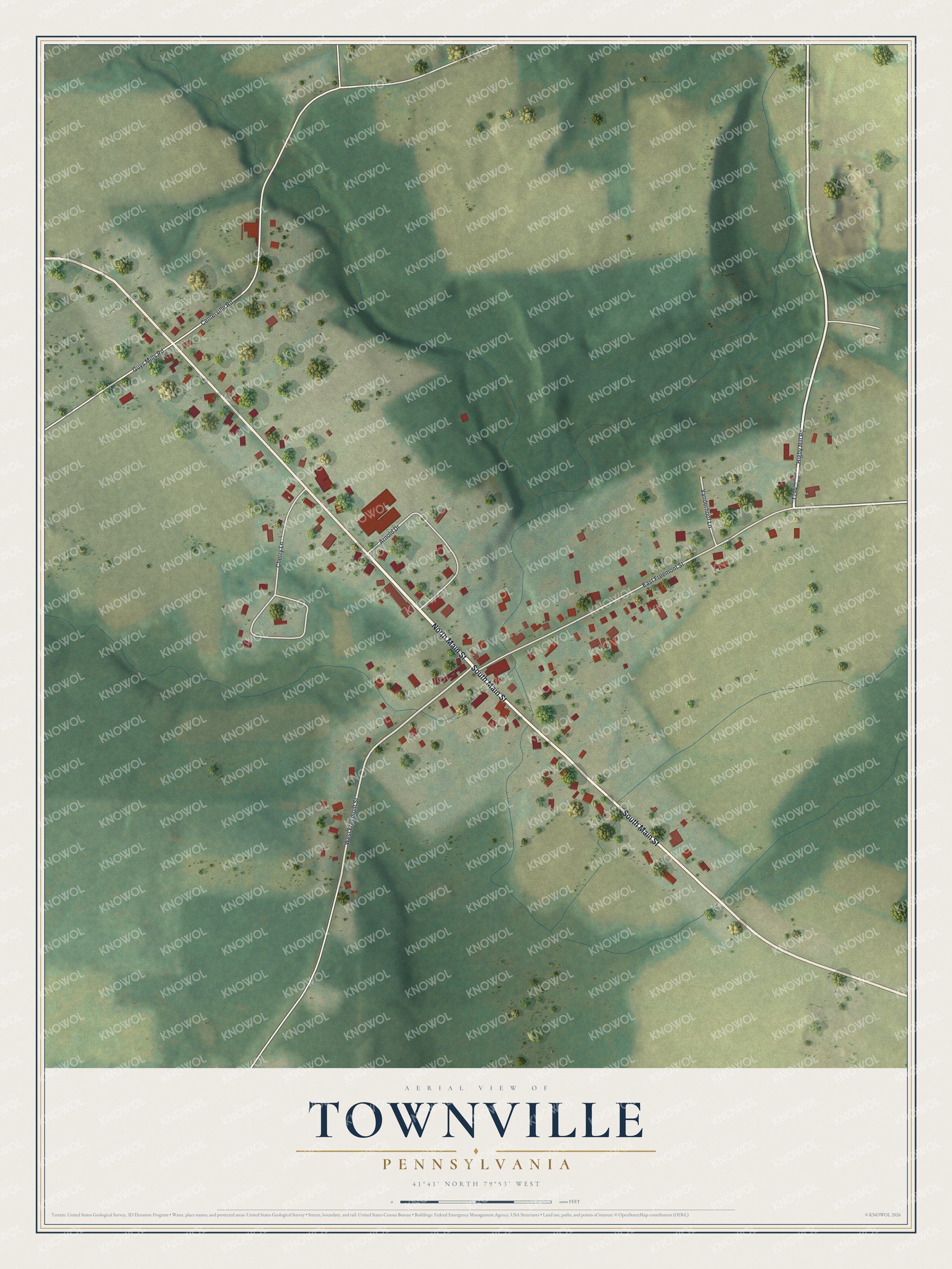 Full map of Townville, Pennsylvania, with red buildings, printed street names and the land around them