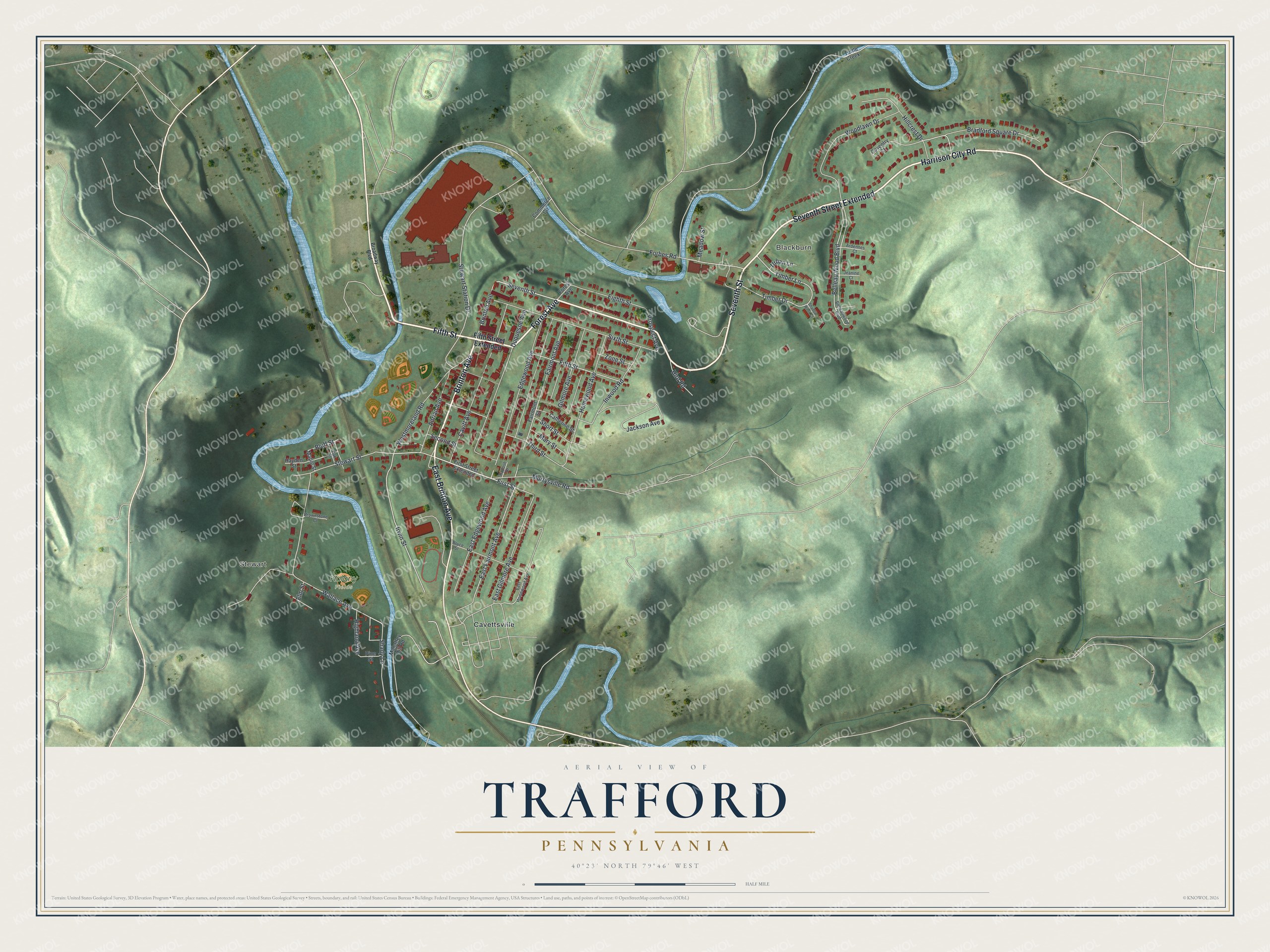 Full map of Trafford, Pennsylvania, with red buildings, printed street names and the land around them