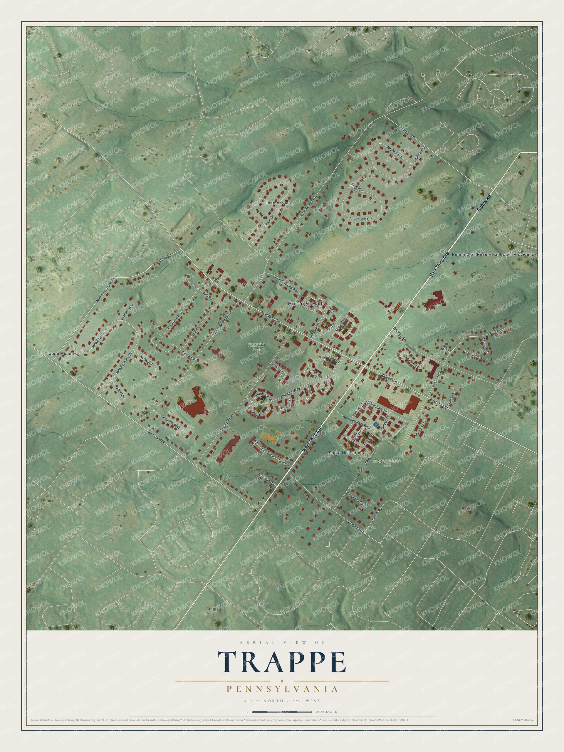 Full map of Trappe, Pennsylvania, with red buildings, printed street names and the land around them