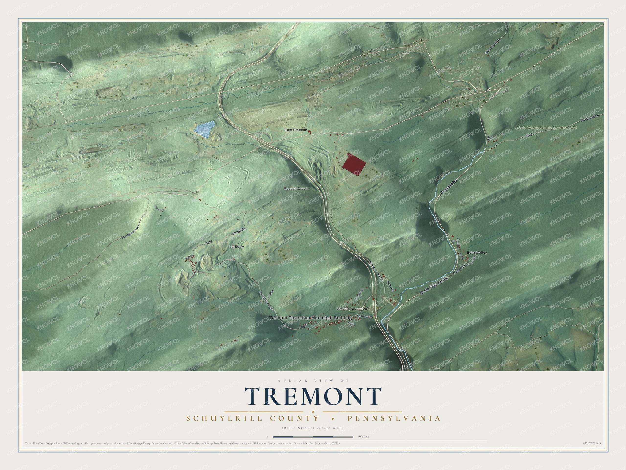 Full map of Tremont Township, Pennsylvania, with red buildings, printed street names and the land around them