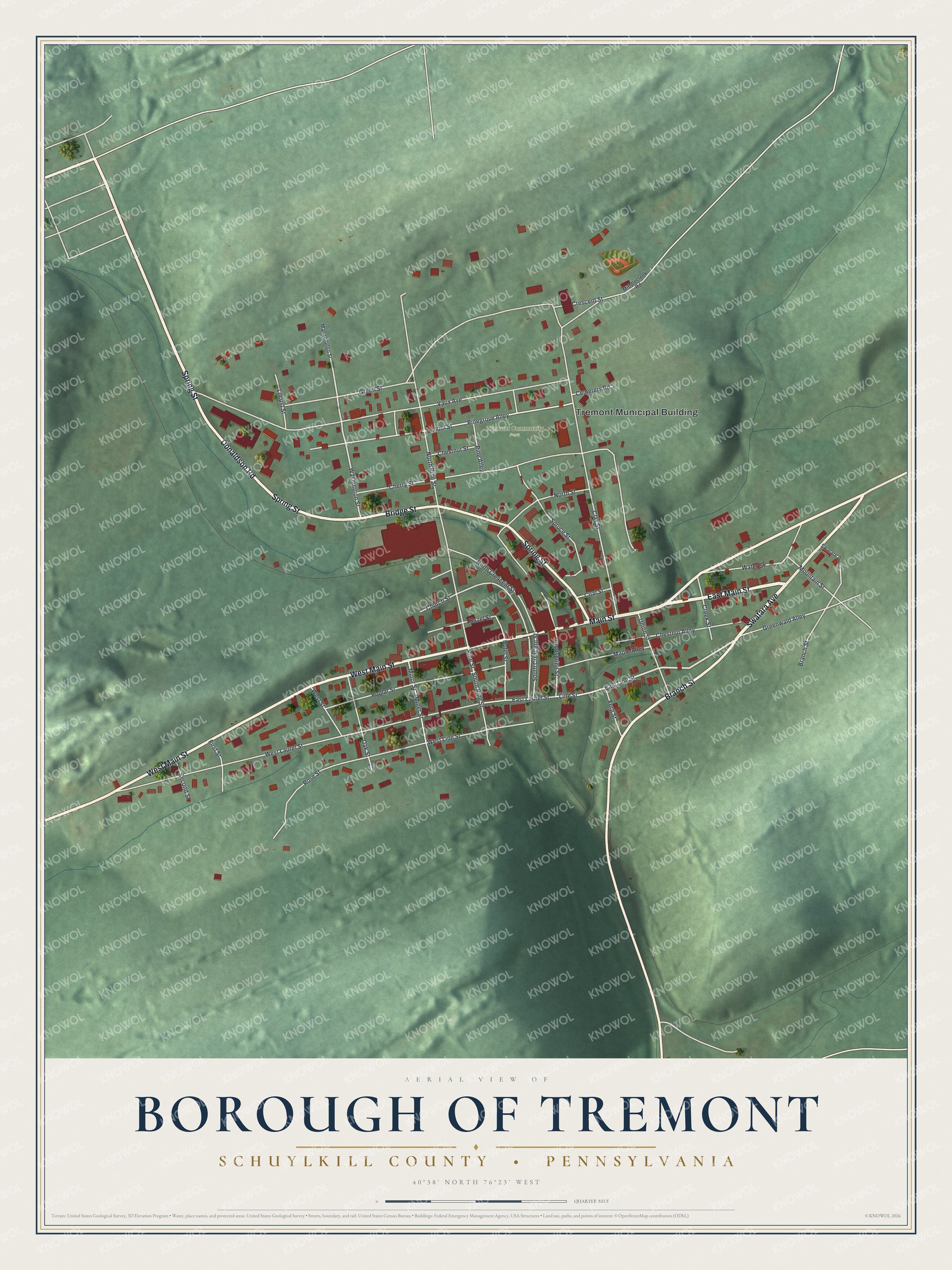 Full map of Tremont Borough, Pennsylvania, with red buildings, printed street names and the land around them
