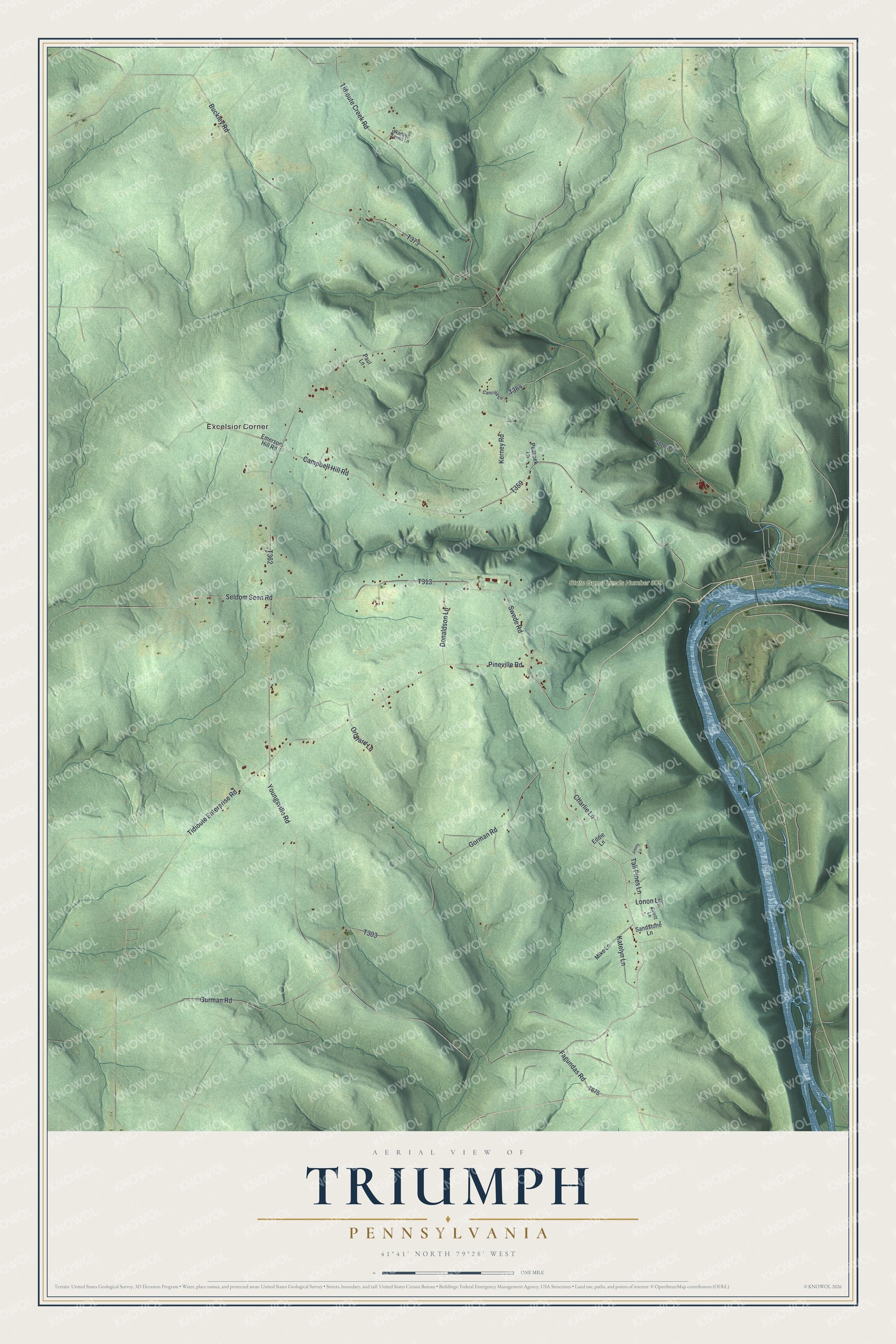 Full map of Triumph, Pennsylvania, with red buildings, printed street names and the land around them