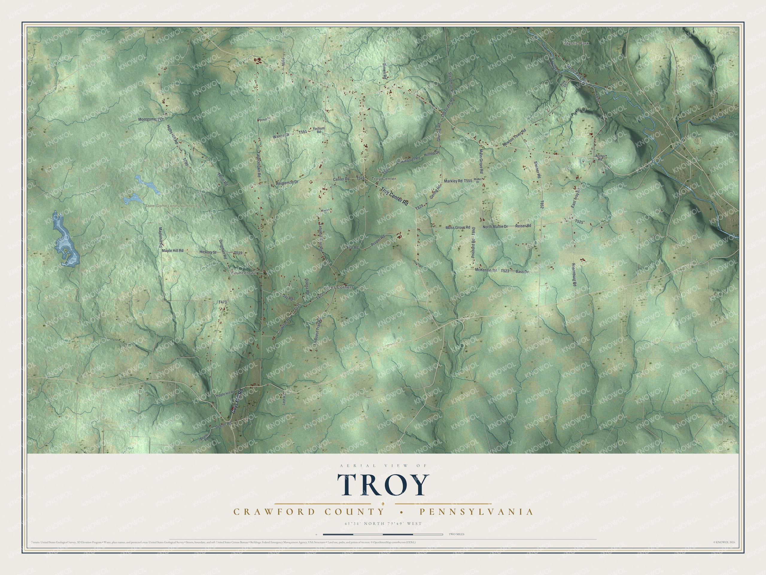 Full map of Troy, Crawford County, Pennsylvania, with red buildings, printed street names and the land around them