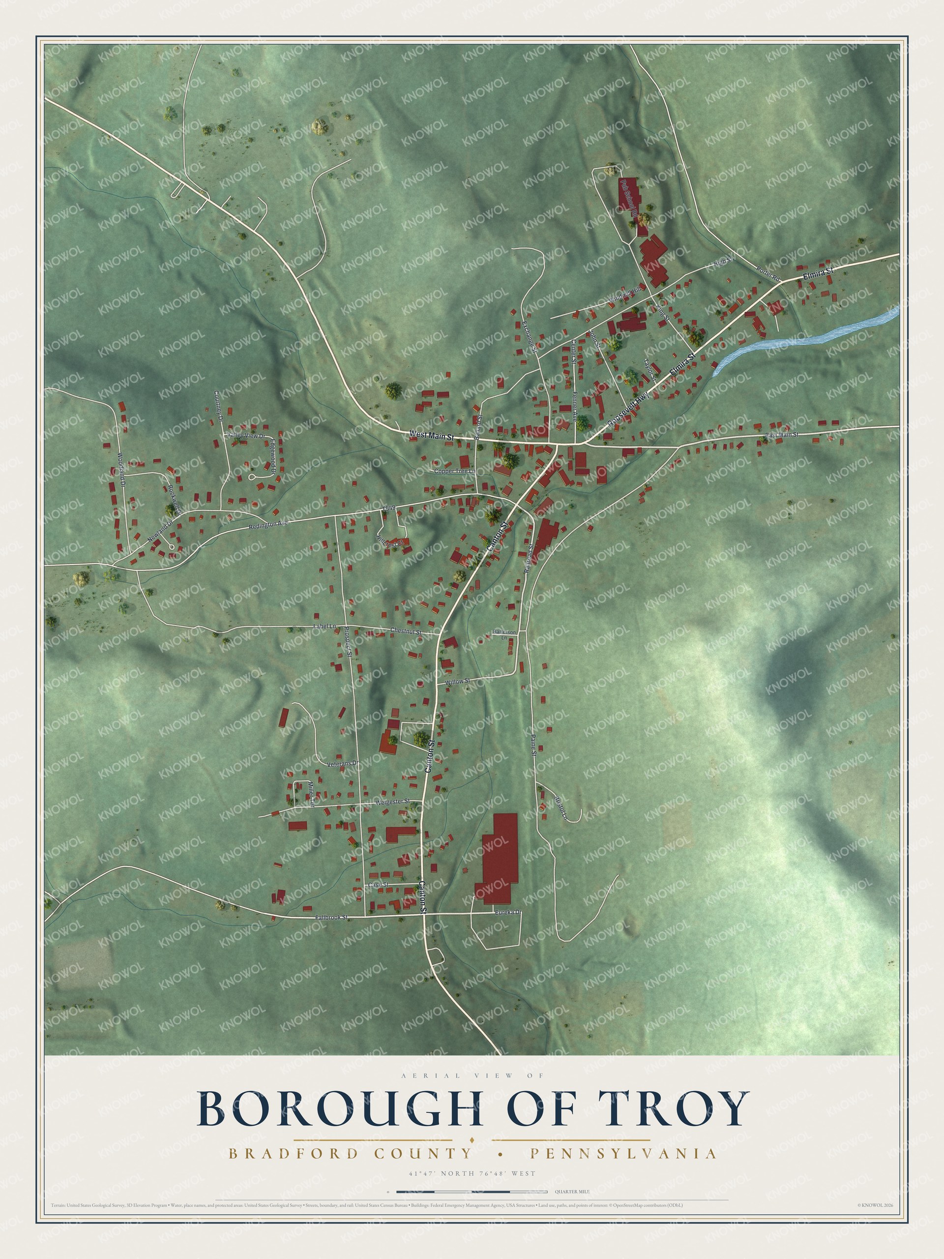 Full map of Troy Borough, Bradford County, Pennsylvania, with red buildings, printed street names and the land around them