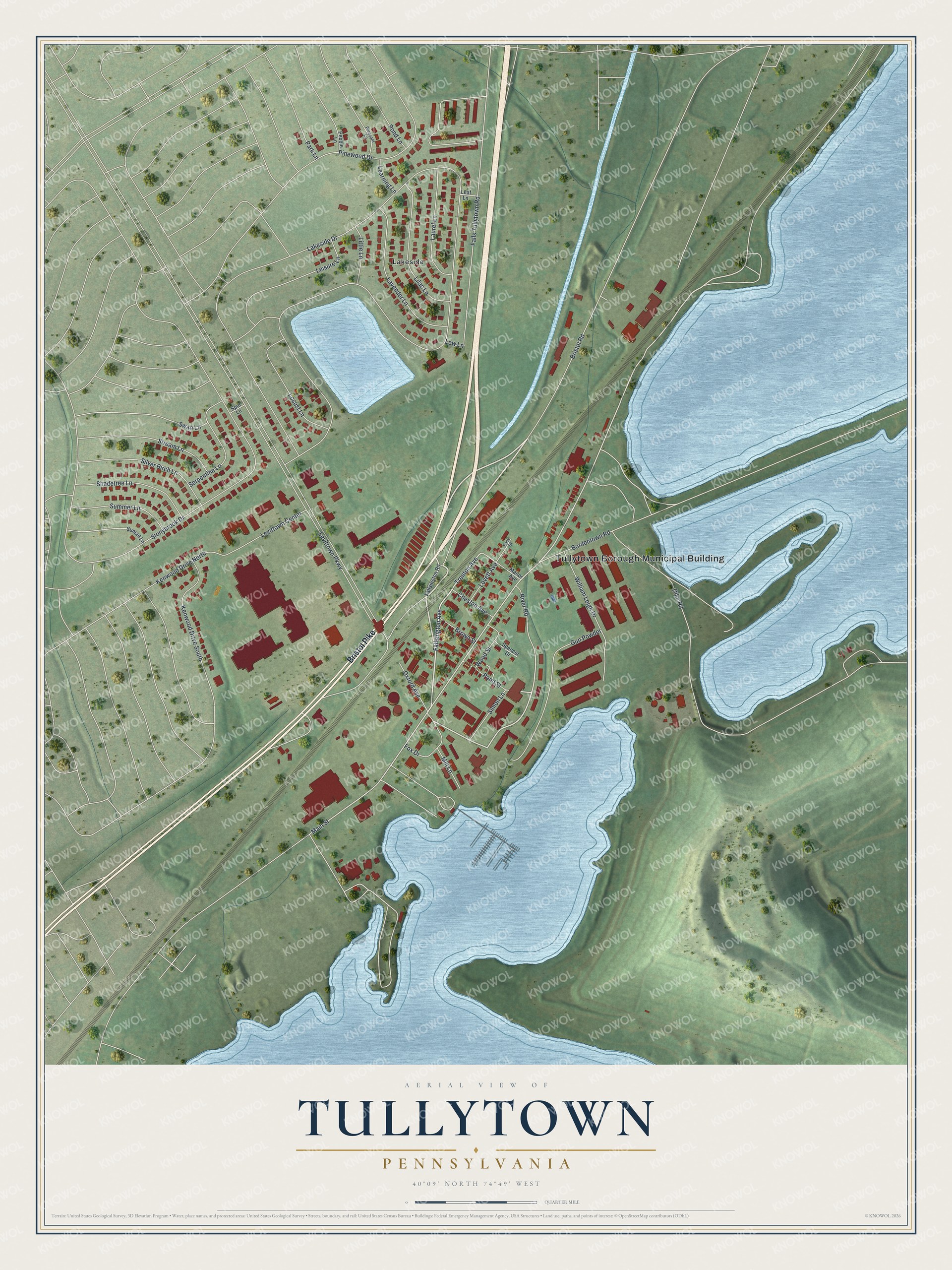 Full map of Tullytown, Pennsylvania, with red buildings, printed street names and the land around them