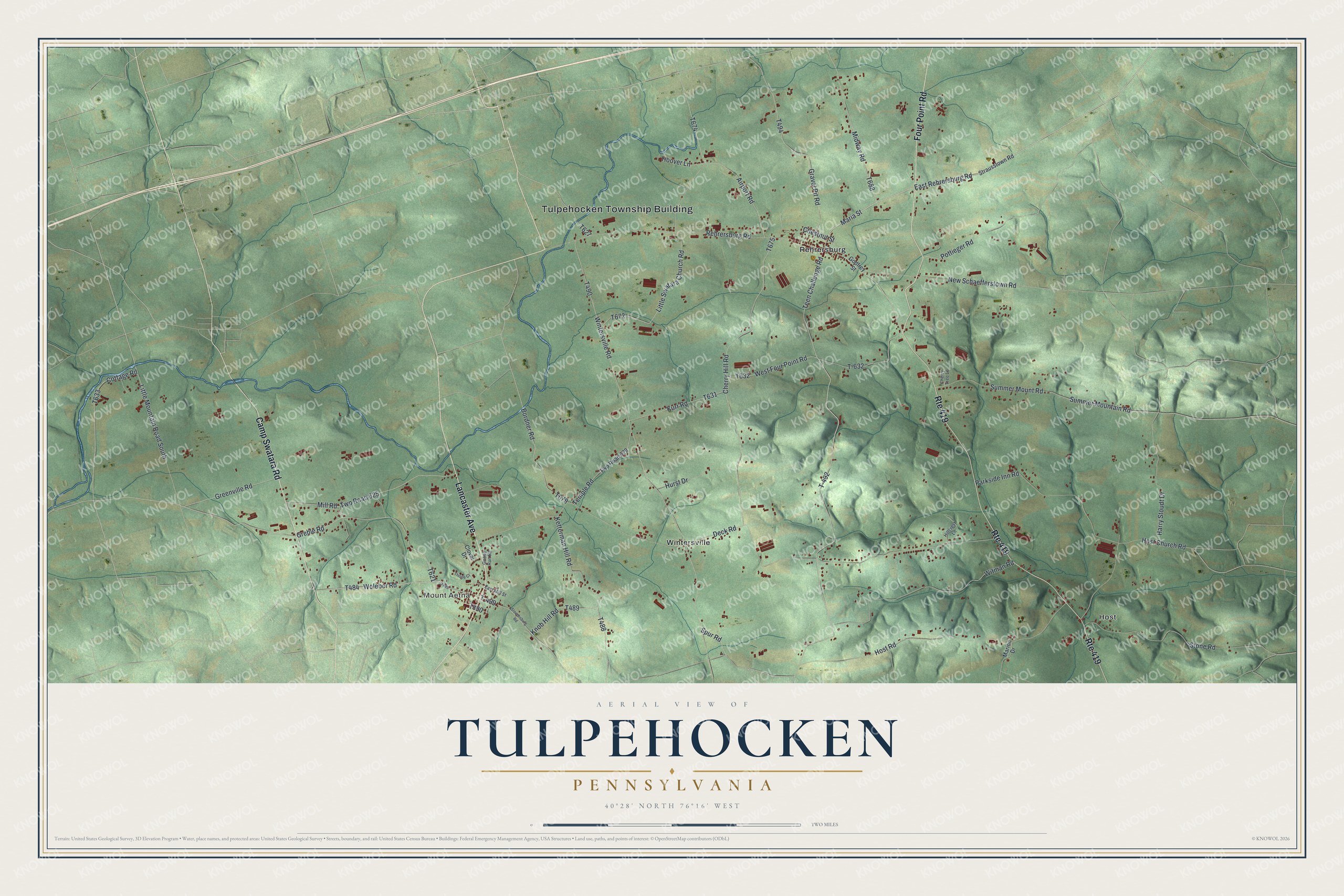 Full map of Tulpehocken, Pennsylvania, with red buildings, printed street names and the land around them