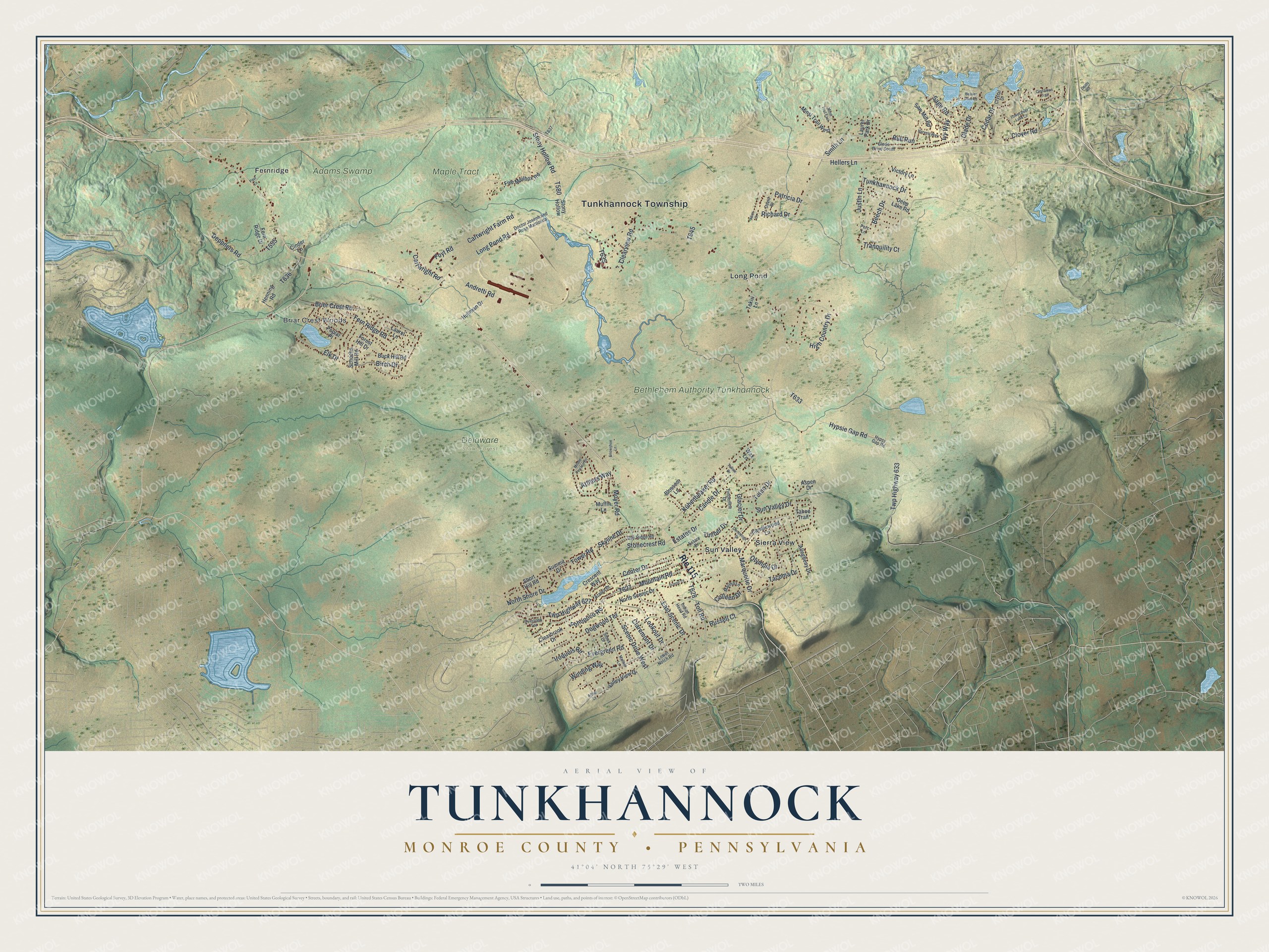 Full map of Tunkhannock, Monroe County, Pennsylvania, with red buildings, printed street names and the land around them