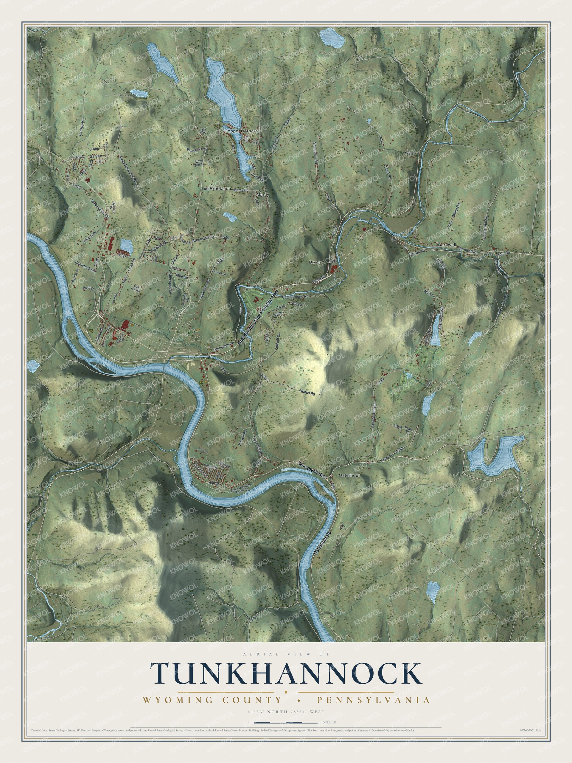 Full map of Tunkhannock Township, Wyoming County, Pennsylvania, with red buildings, printed street names and the land around them