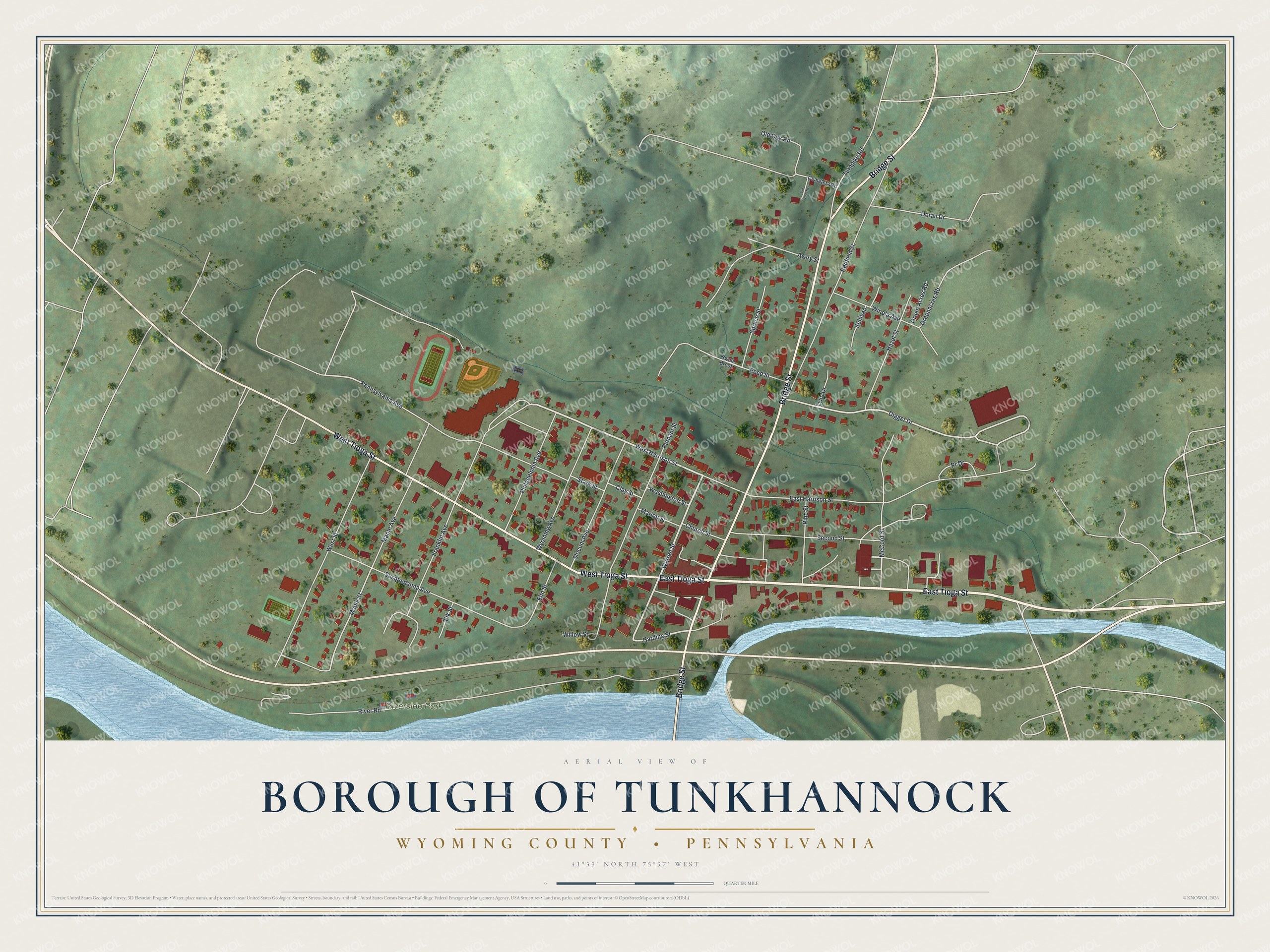 Full map of Tunkhannock Borough, Wyoming County, Pennsylvania, with red buildings, printed street names and the land around them