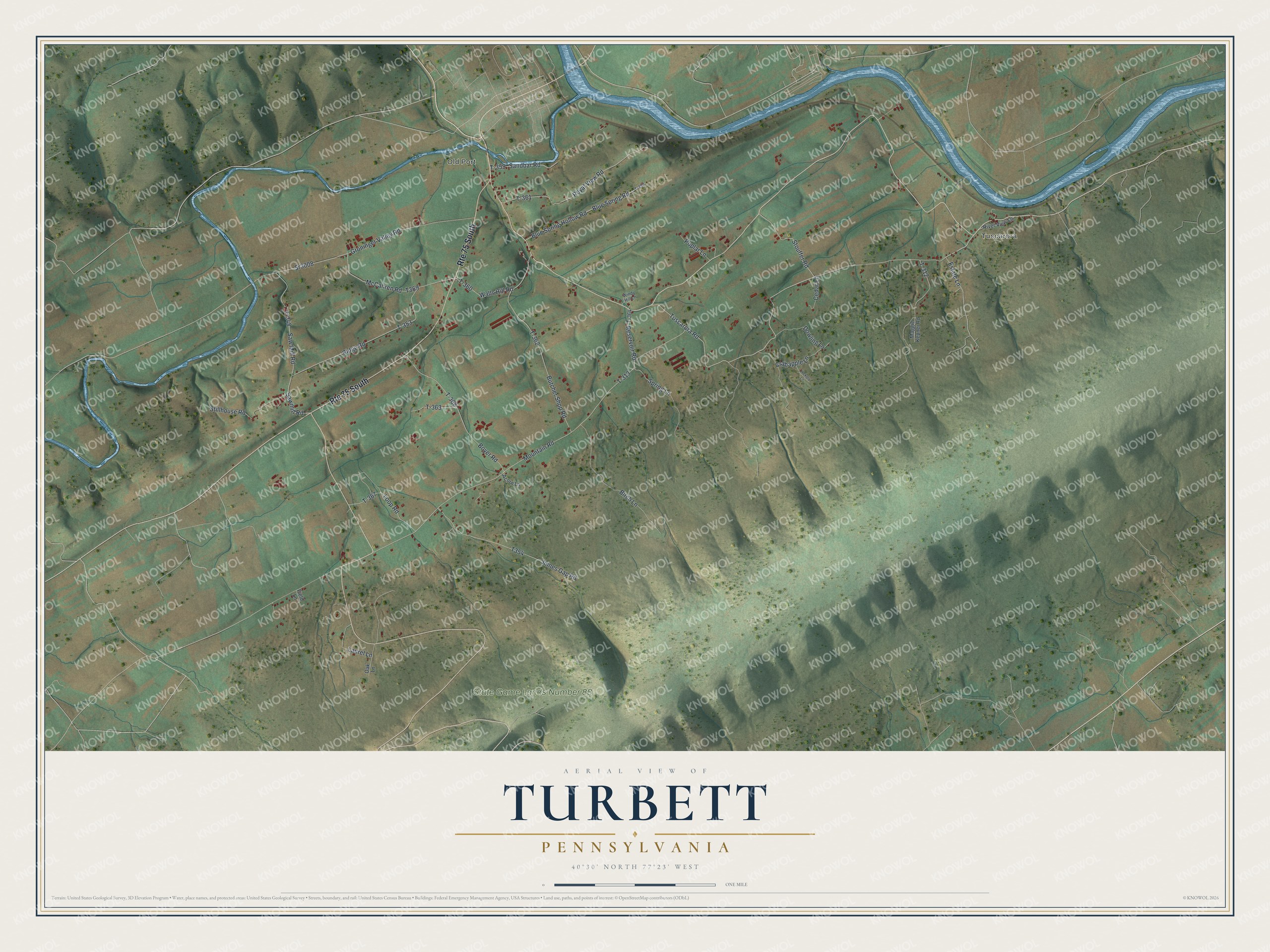 Full map of Turbett, Pennsylvania, with red buildings, printed street names and the land around them