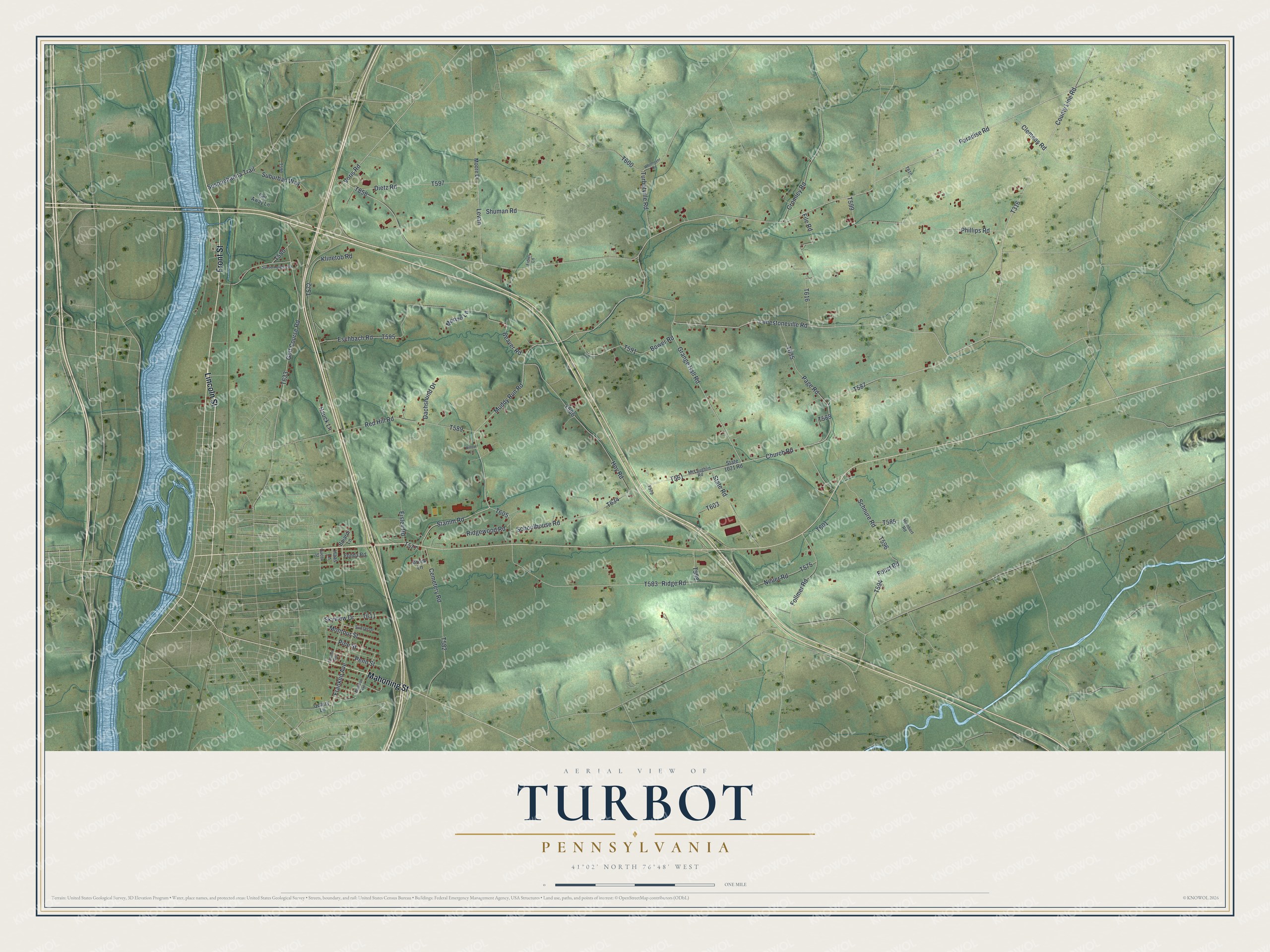 Full map of Turbot, Pennsylvania, with red buildings, printed street names and the land around them
