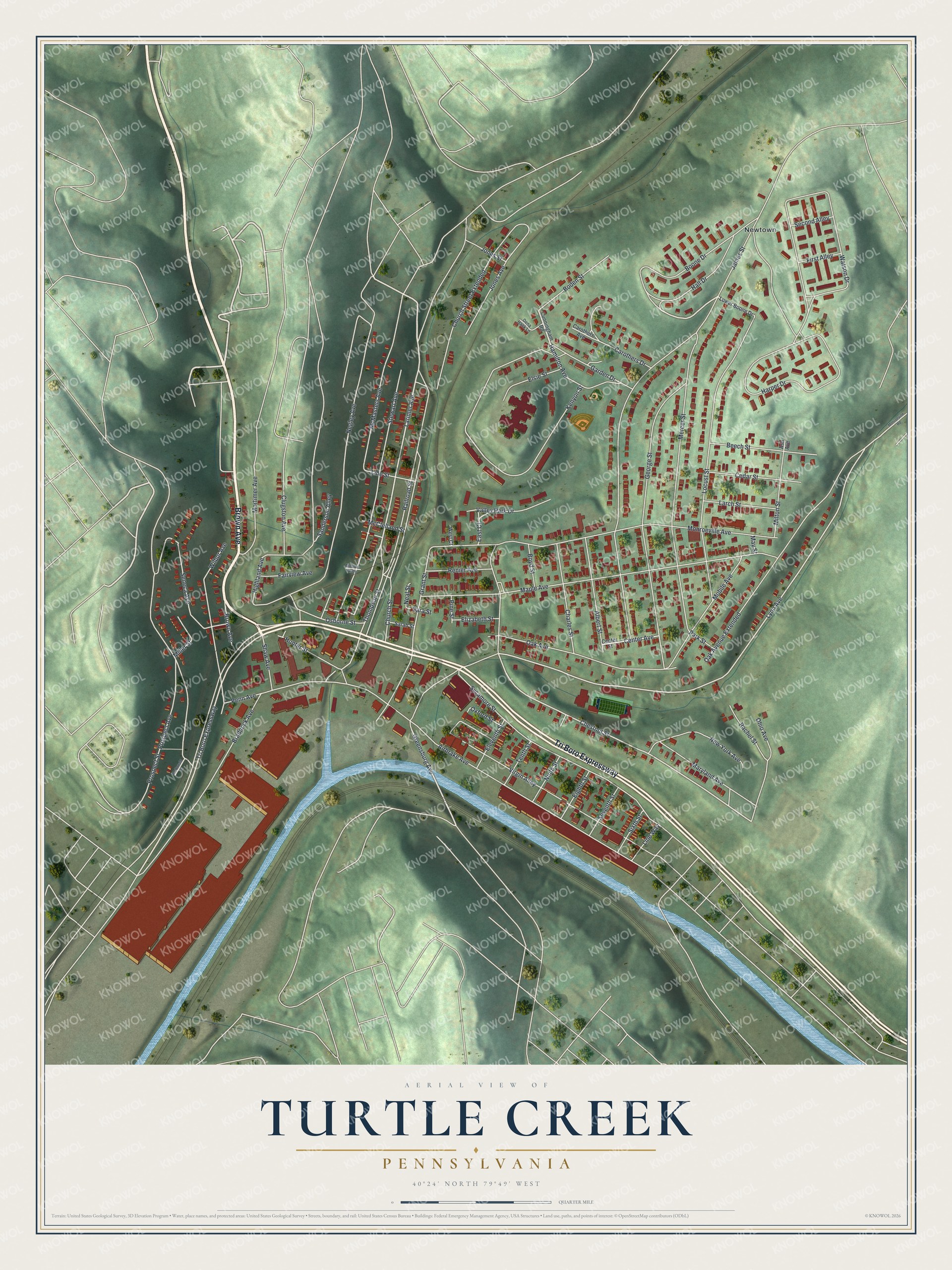 Full map of Turtle Creek, Pennsylvania, with red buildings, printed street names and the land around them