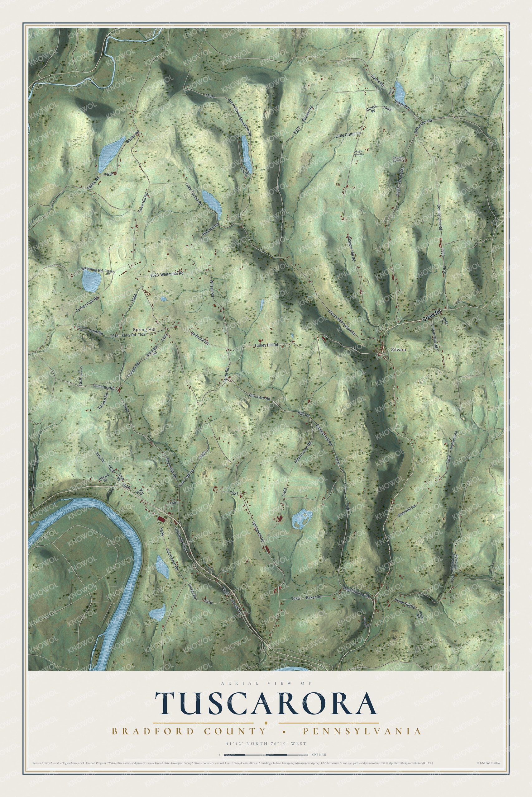 Full map of Tuscarora, Bradford County, Pennsylvania, with red buildings, printed street names and the land around them