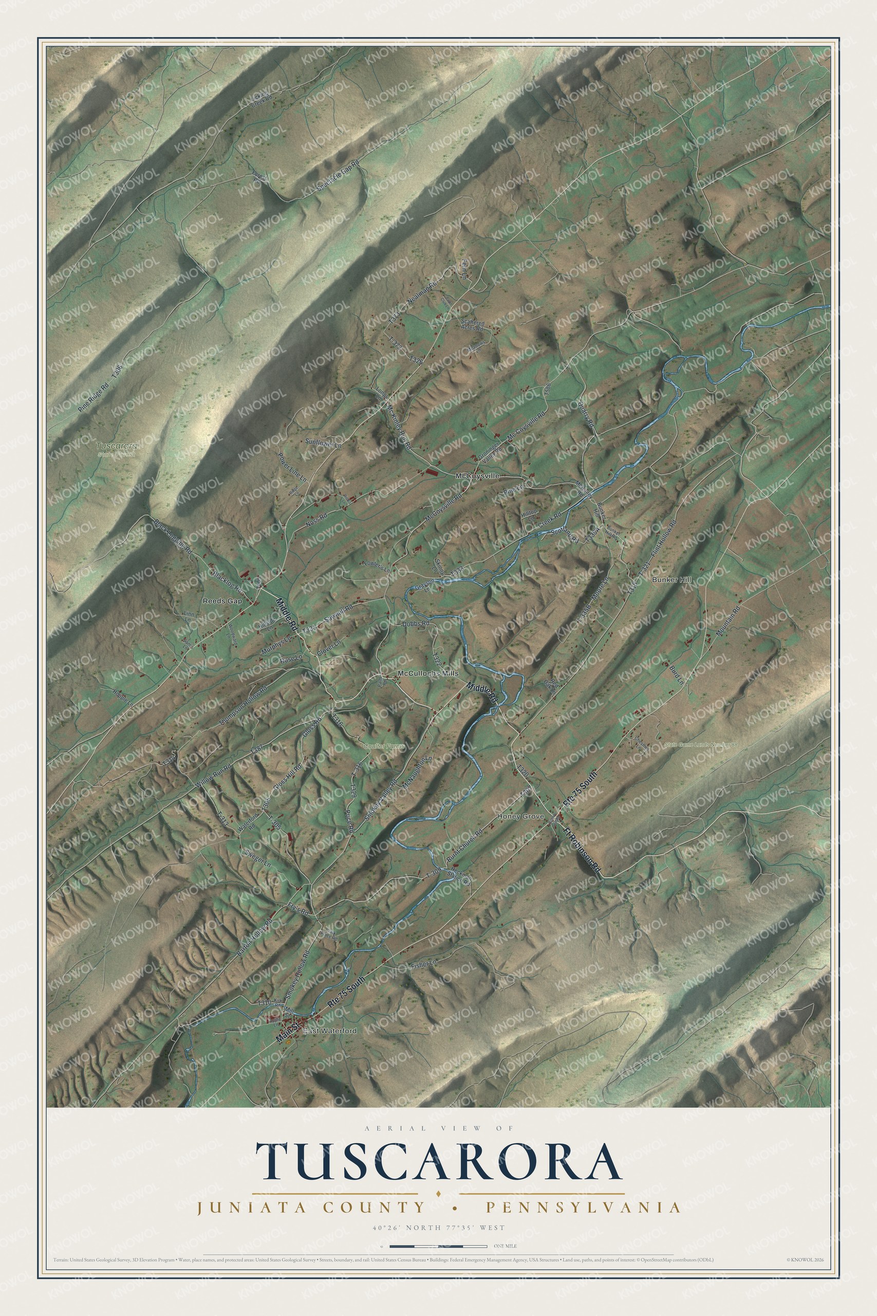 Full map of Tuscarora, Juniata County, Pennsylvania, with red buildings, printed street names and the land around them