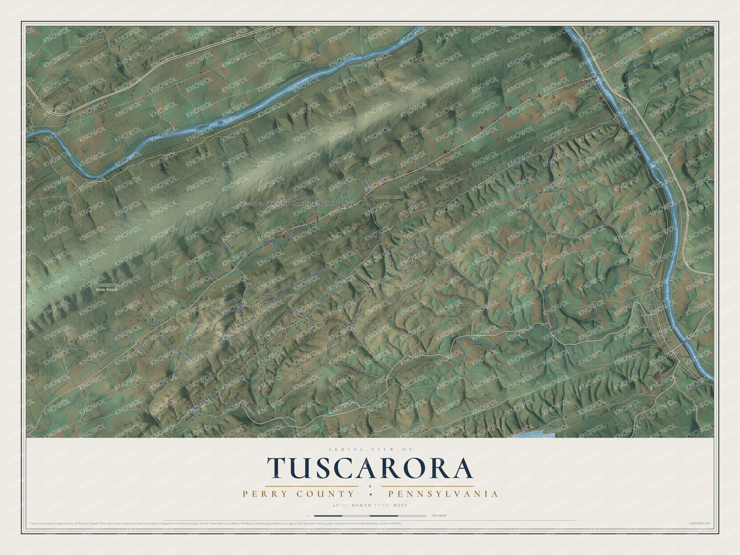 Full map of Tuscarora, Perry County, Pennsylvania, with red buildings, printed street names and the land around them