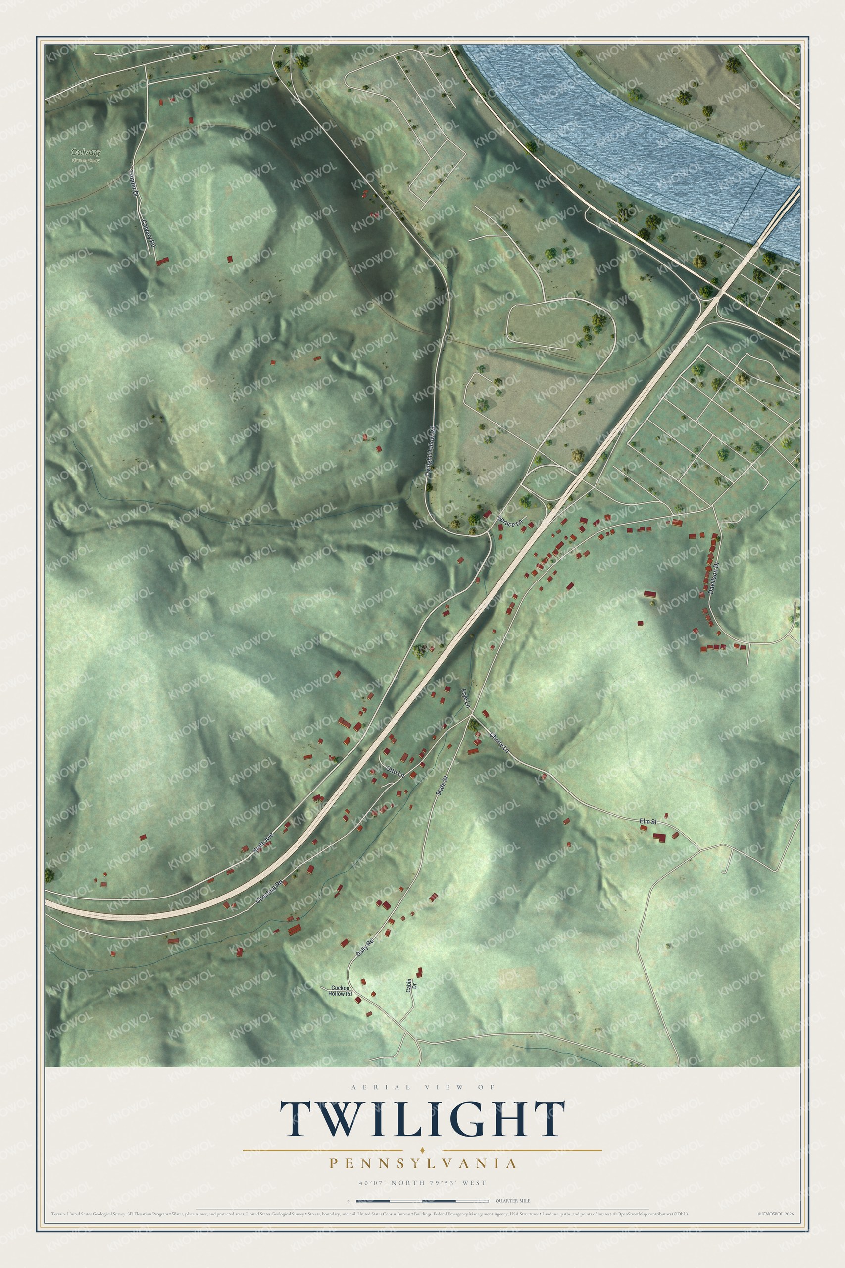 Full map of Twilight, Pennsylvania, with red buildings, printed street names and the land around them