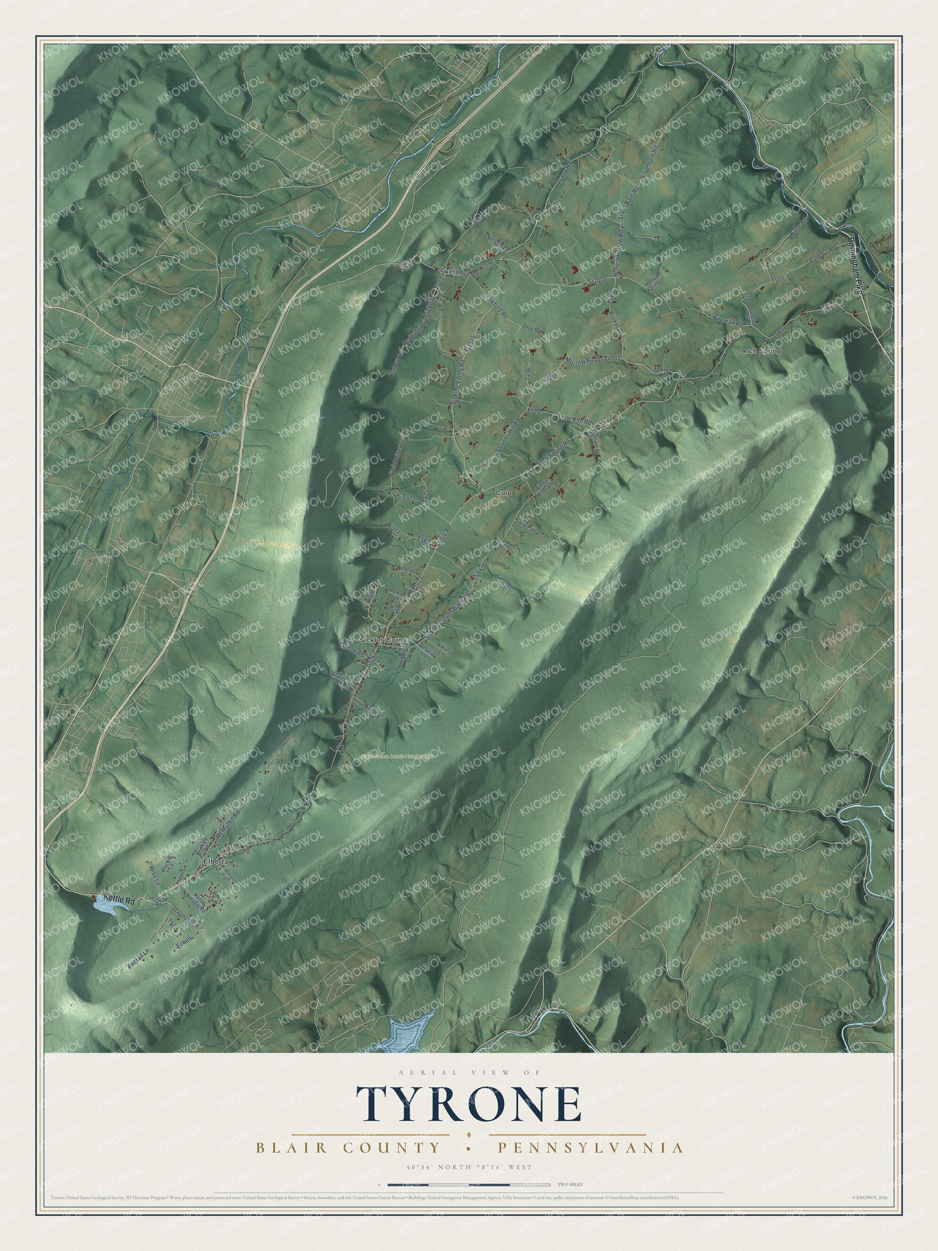 Full map of Tyrone Township, Blair County, Pennsylvania, with red buildings, printed street names and the land around them